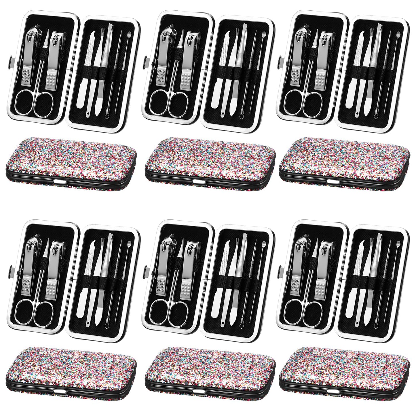 Geosar 12 Set 8 in 1 Manicure Gifts for Mothers Day Bulk Stainless Steel Nail Clippers Kit Pedicure Care Tools with Leather Case Travel Grooming Kit Gift for Women Men Hands Foot(Glitter Candy Color)