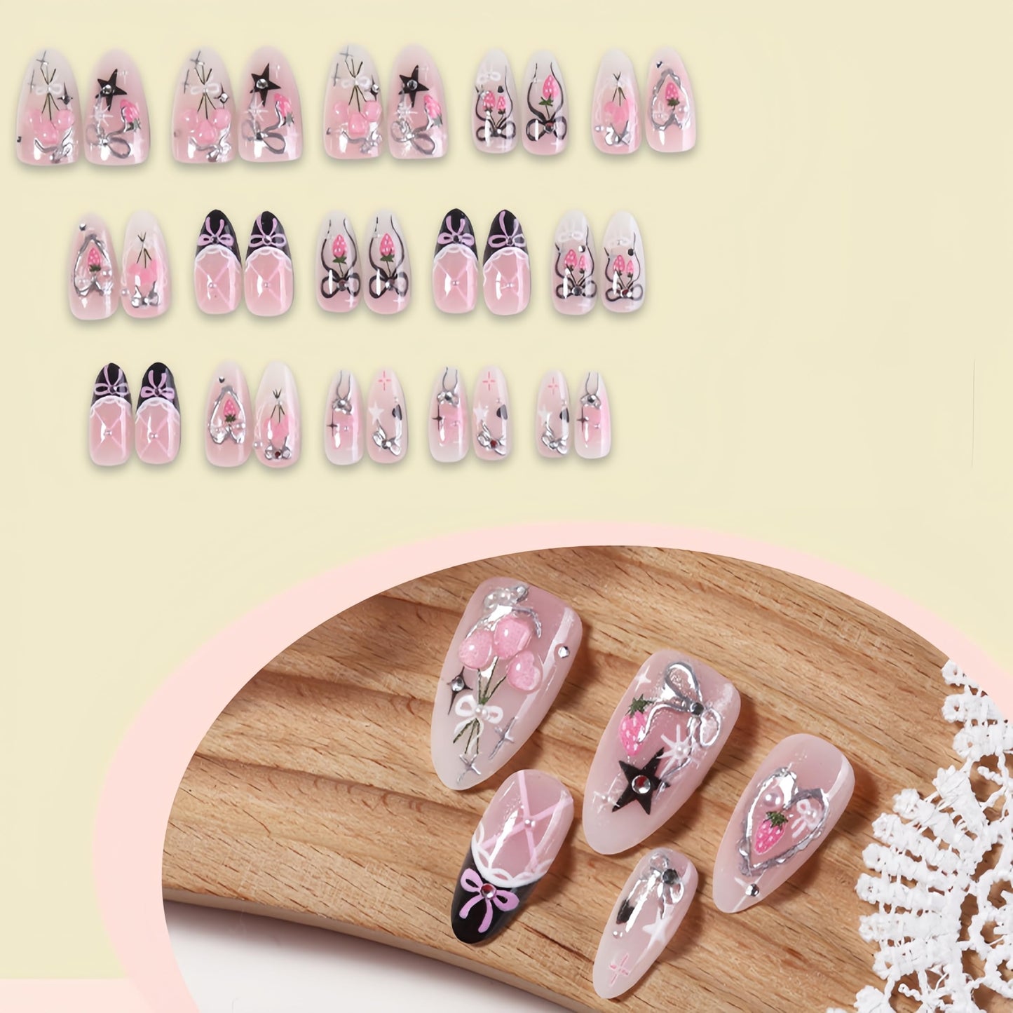30Pcs Spring Summer Press on Nails Medium Almond Black French Tip Fake Nails with Pearl Rhinestones Designs 3D Flower Bow Heart False Nails Pink Strawberry Cute Star Glossy Acrylic Nails Set for Women