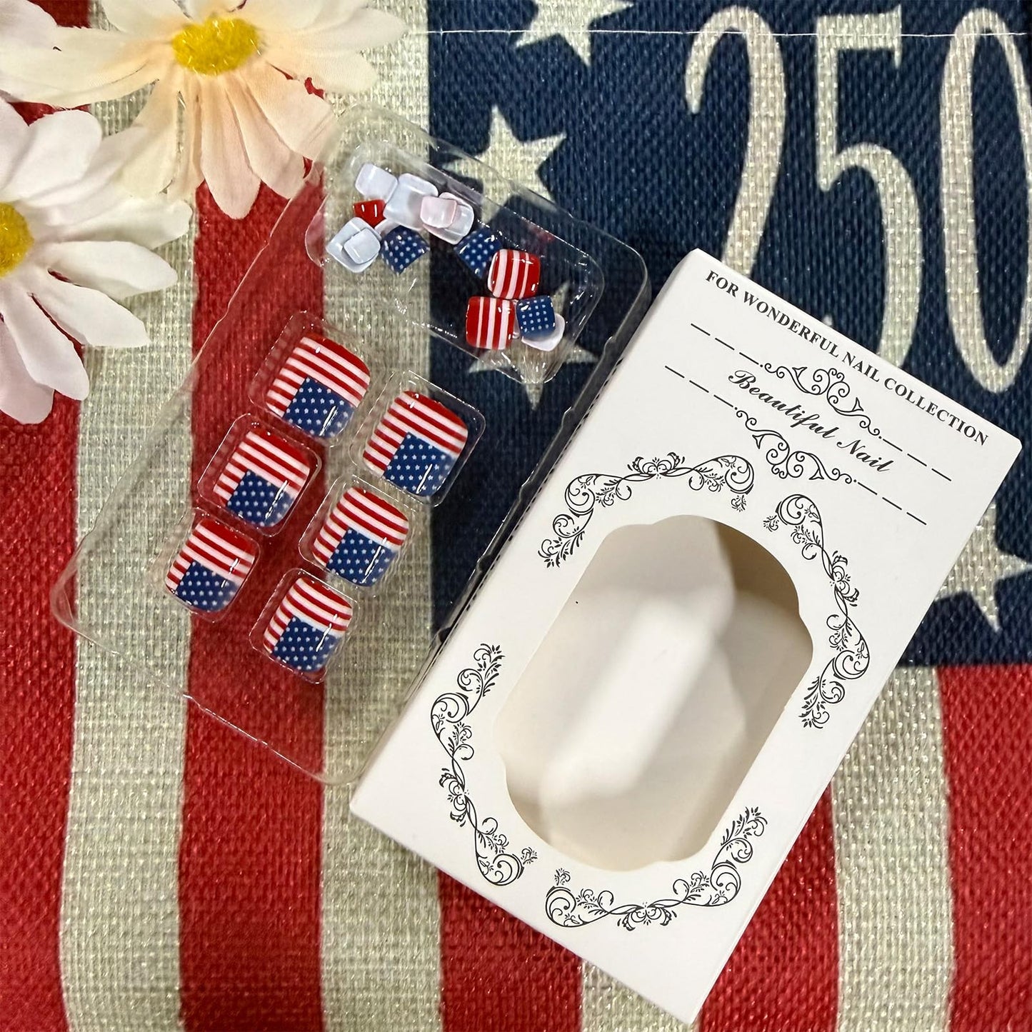 4th of July Press on Toenails Short Square Toe Nail Press ons Glossy Fake Toe Nails with American Flag Design Patriotic Toe Press on Nails Acrylic Stick on Toenails for Women 24Pcs