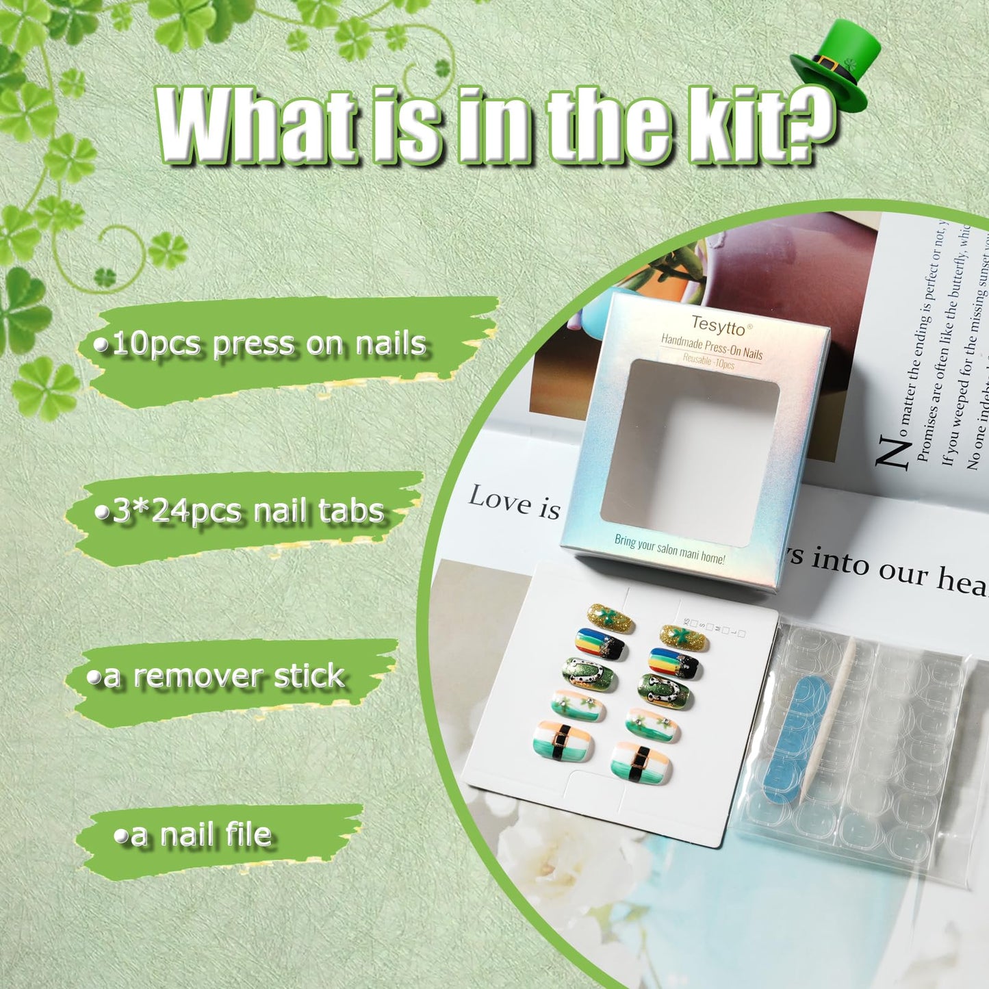 Tesytto Medium Square Press on Nails - Irish Flag Green White Orange Nails with Lucky Shamrock & Belt Design, Rainbow & 3D Gold Glitter Spring Summer Fake Nails (Size S)
