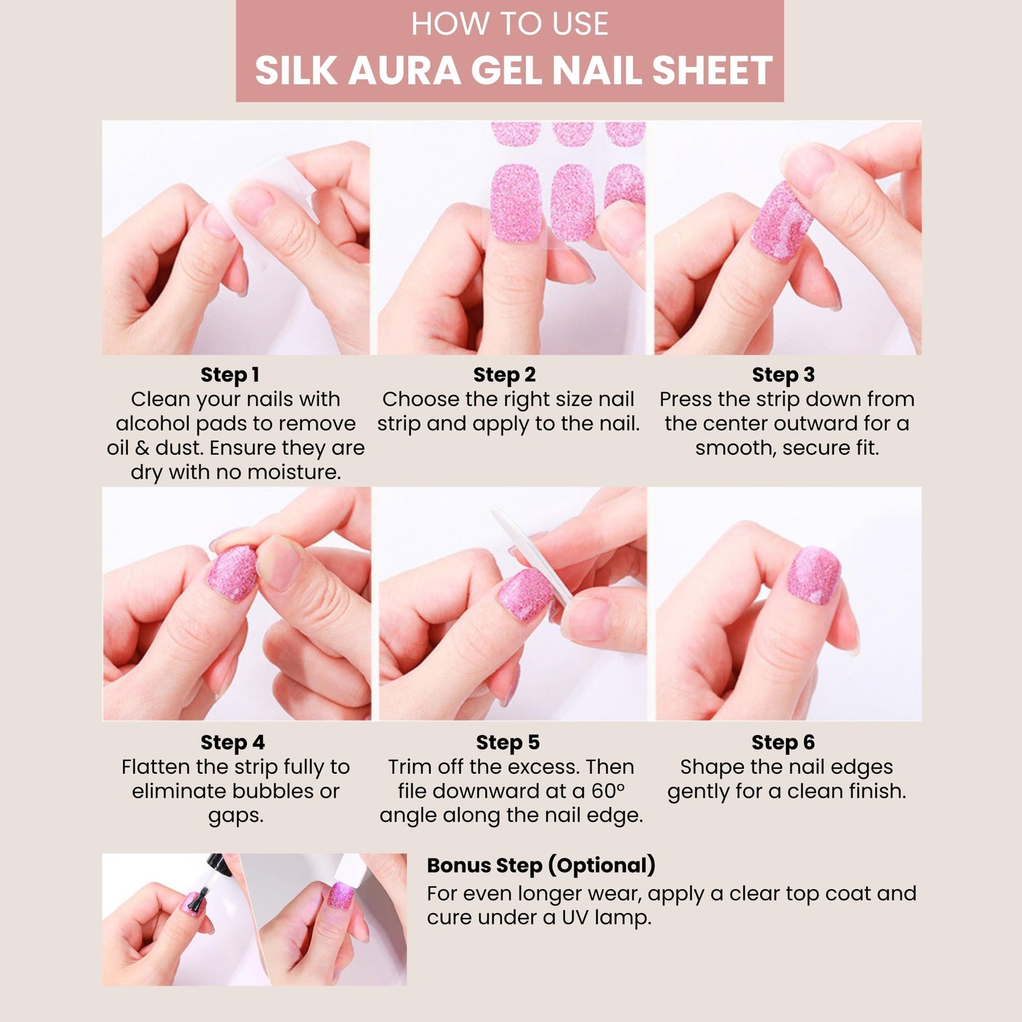 Silk Aura Nail Foils, Self-Adhesive Gel Nail Strips, No UV Needed, Glitter Shiny Pink Nail Stickers, Waterproof, Long-Lasting, Natural Manicure Design for Fingers & Toenails