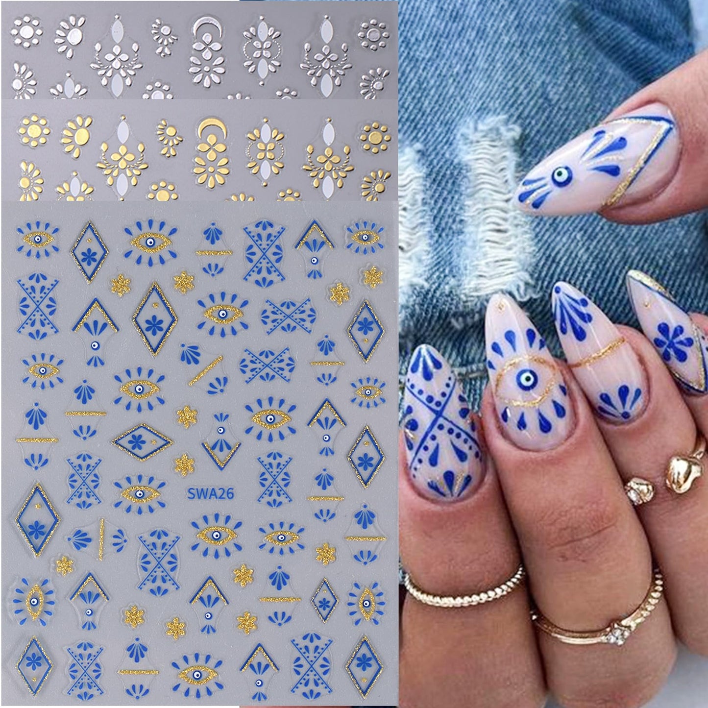 Bohemian Stickers for Nail Art 12PCS Boho Styles Nail Decals Blue Totem Gothic Nails Art Desigsn Metallic Gold Silver Star Self-Adhesive Sliders for Gel Polish Acrylic Supplies DIY Manicure Decor