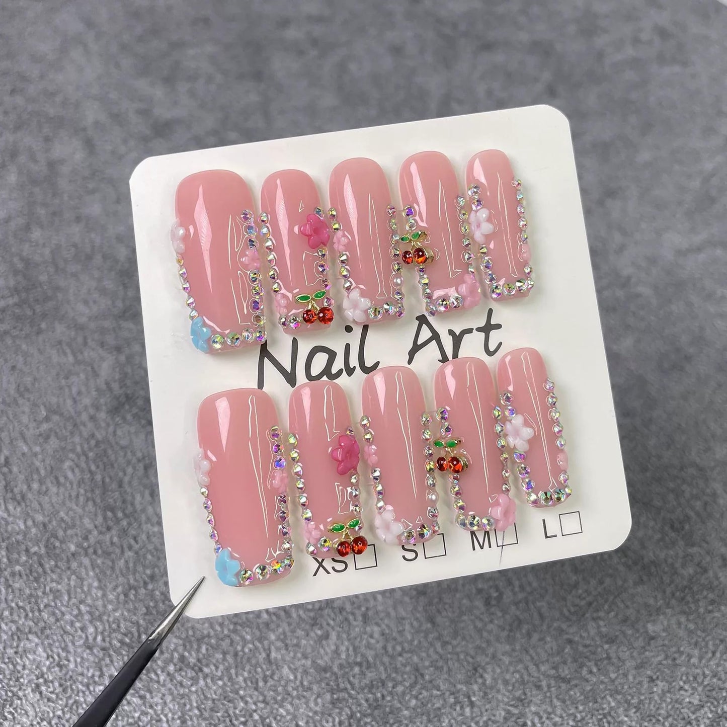 Qicaijia 10Pcs (Size M) Long Square Handmade Press On Nails - Pink Glossy Acrylic Fake Nails with 3D Cherry Rhinestones for Women’s Manicure