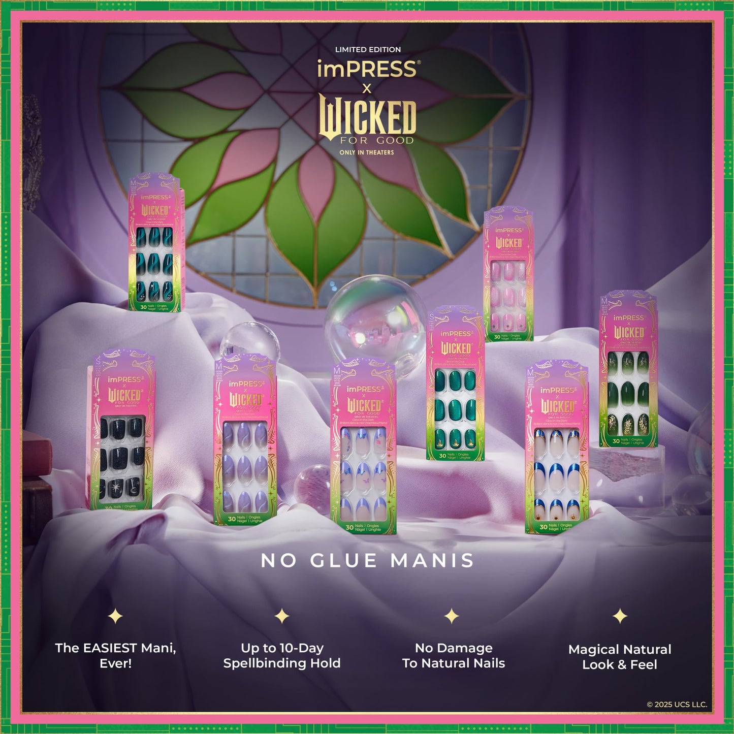 Impress X WICKED: FOR GOOD Press On Nails, ‘Unleash Your Magic’, Green, Medium Coffin, New Improved Adhesive, Up To 10 Day Hold, Includes 30 Fake Nails, 1 Prep Pad, 1 Manicure Stick, 1 Mini File