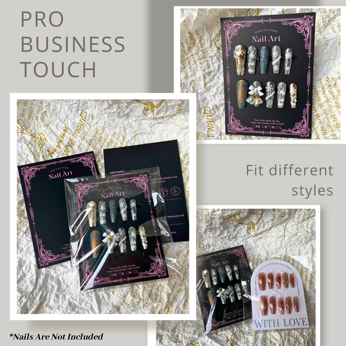 Press On Nail Packaging Kit for Long Nails – Y2K 50 Display Cards with Bags & Tape – Nail Tech Supplies for for Gothic & Baddie Nailfies Nail Salon Studio Manicure Business(Black, 3.54*4.7)