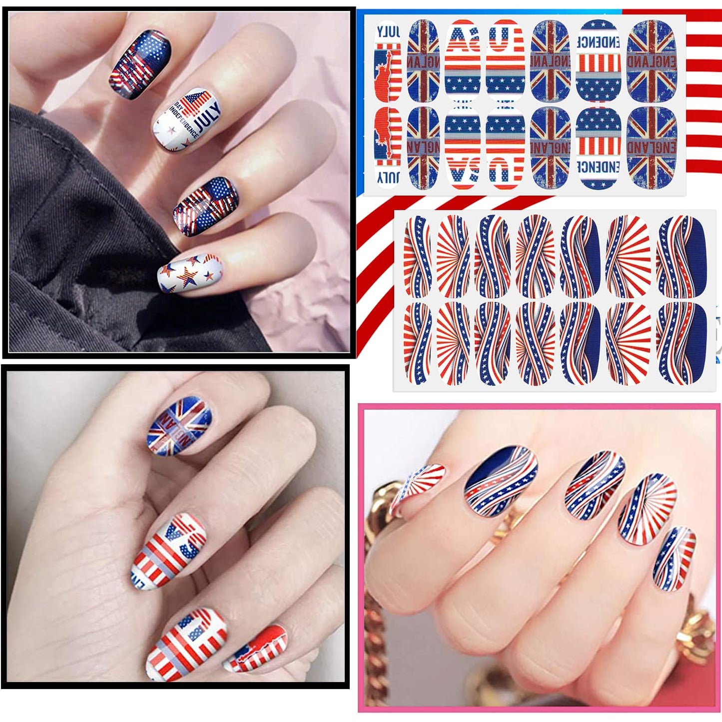DANNEASY 24 Sheets 4th of July Nail Polish Stickers Full Nail Wraps Independence Day Self Adhesive Nail Polish Strips Fingernail Stick on Nails for Women with Nail File, Cuticle Stick