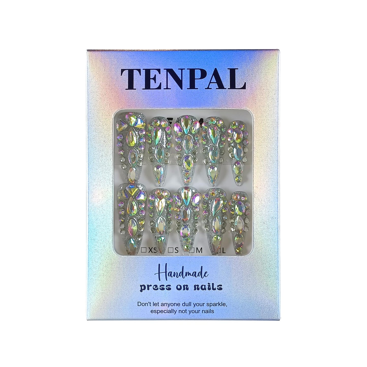 TENPAL 10Pcs Luxury Press On Nails Long Stiletto,Full Cover Crystal Glitter Fake Nail Set with Tools,Reusable Bride Wedding Nails for Bridal Party Bachelorette,Statement Making Glamorous Nail(M)