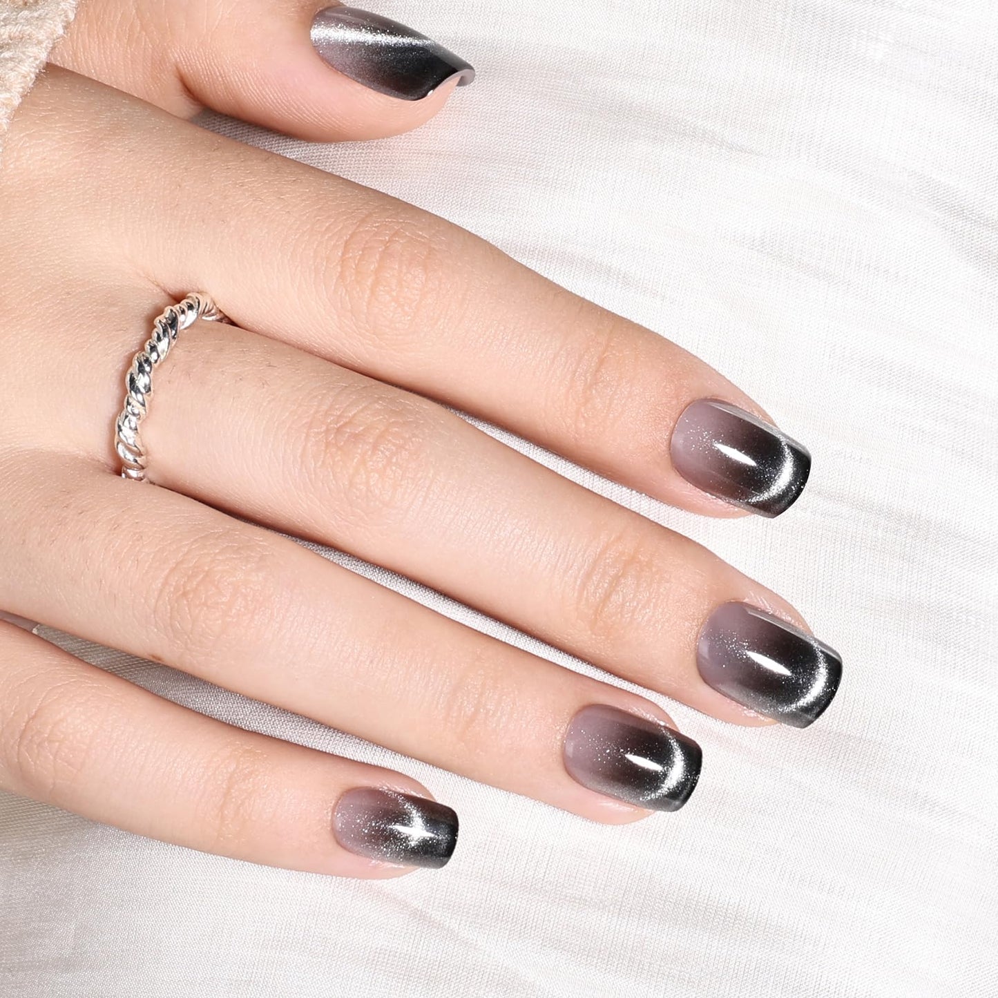 Black Cat Eye Press On Nails - Short Square Ombre Press Ons for Women Fake Nails with Glue, Glossy Reusable Glue on Nail in 15 Sizes - 30pcs