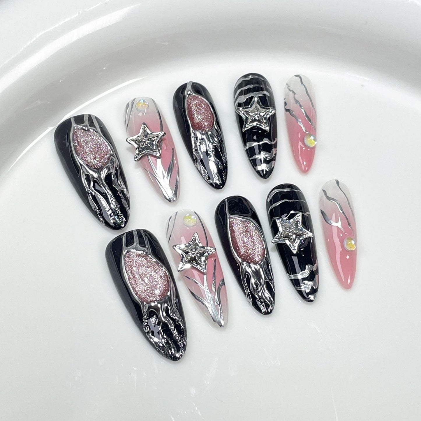 Wsiliana Handmade Press On Nails - Y2K Cool Girl Design, Suitable for Women and Girls, Long Almond Shape, 10pcs Glue On Acrylic Fake Nails with Storage Box | Salon Quality | Trendy Nail Kit (072, M)
