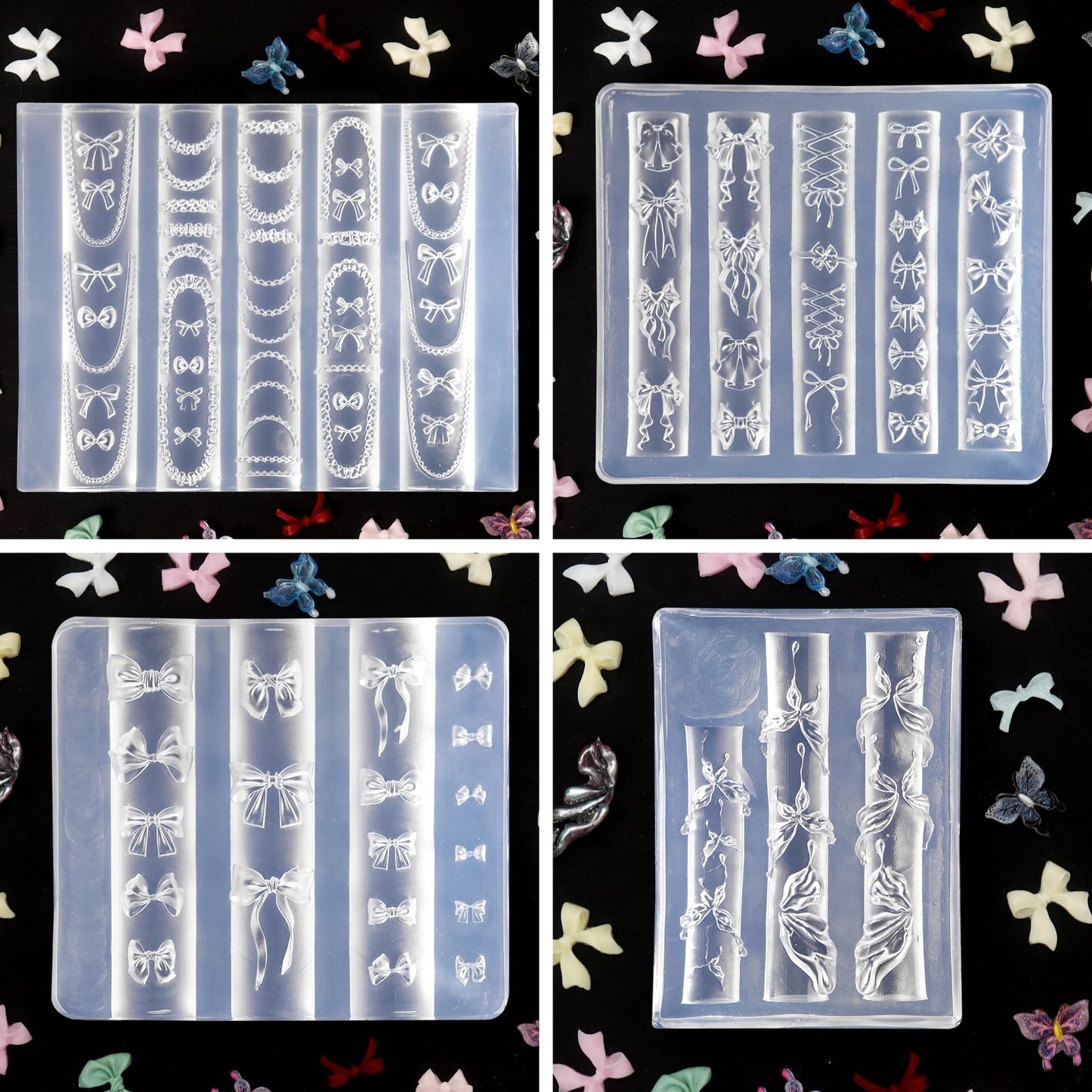 Laza 4pcs Bowknot Silicone Nail Art Molds, 3D Multiple Shapes Ribbon Lace Bows Charms Silicone Nail Accessories with Carving Pen Resin Nail Art Mold Manicure Tools for Women DIY Manicure Design