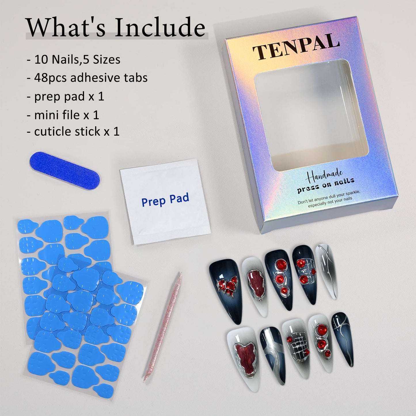 TENPAL Halloween Vampire Nails,Gothic Press On Nails Long Stiletto With Tools,Black Dark Ombre Fake Nails with Red Gems,10Pcs Hand-Painted Glossy Acrylic Glue on Nails for Women Parties Events(S)
