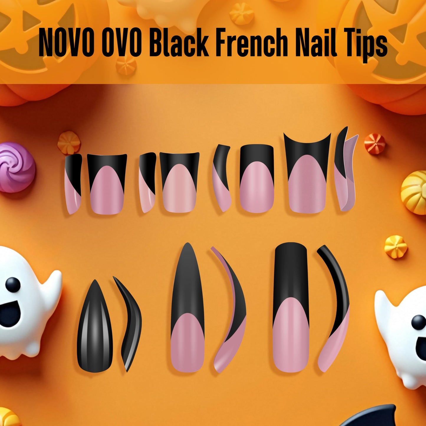 NOVO OVO Halloween Black XXL Curved Square French Tip Nail Tips Press on BERRY PINK, Full Cover Extra Thick Long XL Acrylic Hawk Curve Fake Extension Kit, Need Top Coat for Salon DIY 12 Sizes 144 pcs