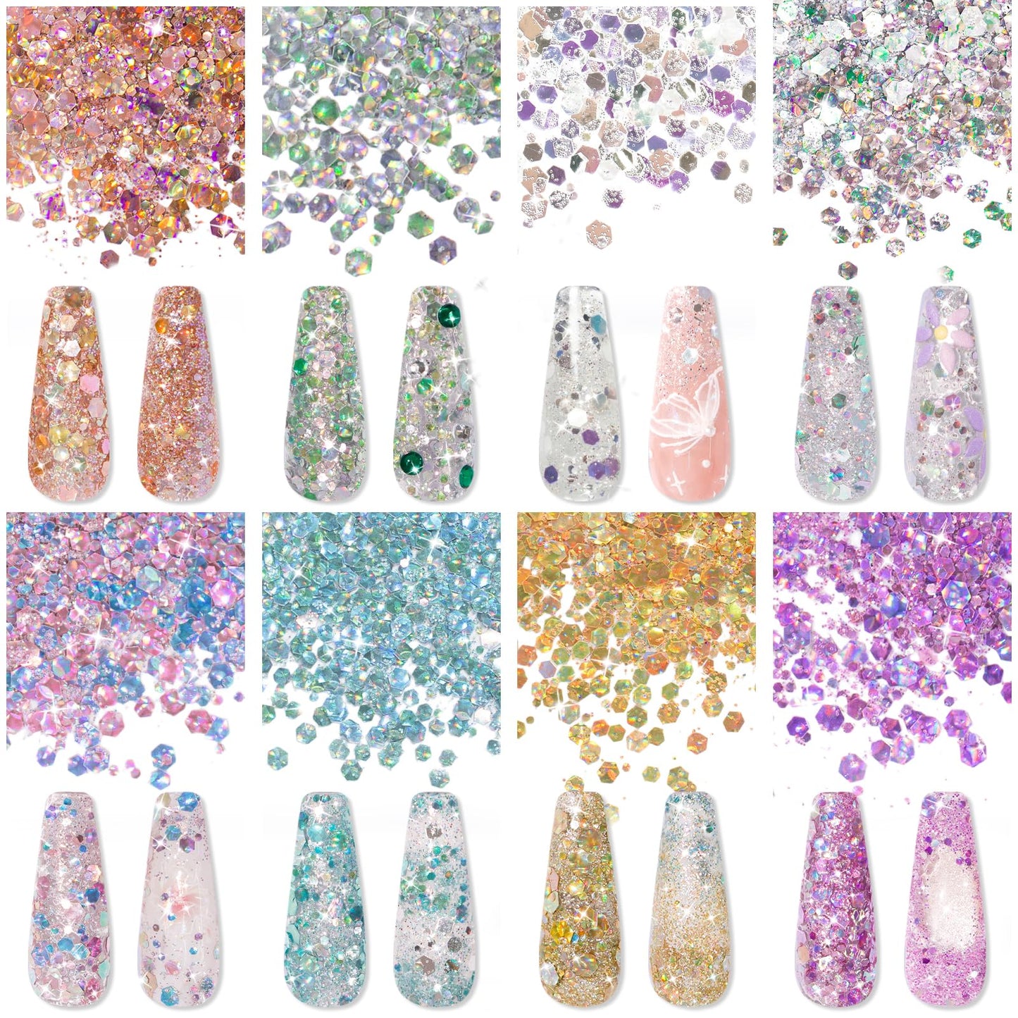 Laza 8 Colors Nail Art Glitter Diamond Dust Holographic Iridescent Glitter Mixed Chunky Glitter Confetti Foil Flakes Sequins for Nail Art, Gel Polish, Mermaid Makeup, Body, Resin-Shimmer Mirage