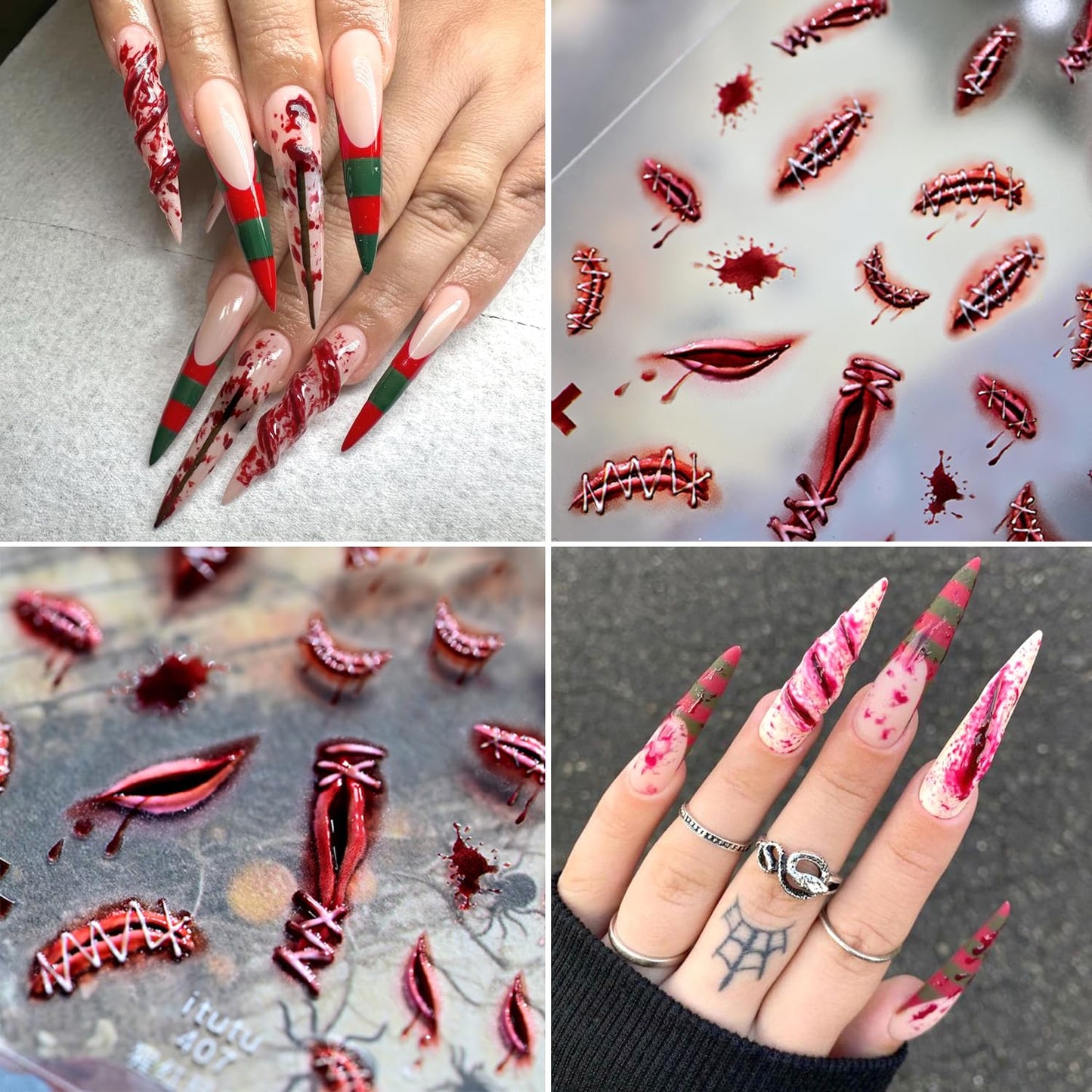 1Sheet Blood Scar Nail Art Stickers Decals 5D Embossed Horror Halloween Nail Stickers Self-Adhesive Wound Designs Nail Decal Bloody Scars Nail Sticker for Women DIY Manicure Decoration Supplies