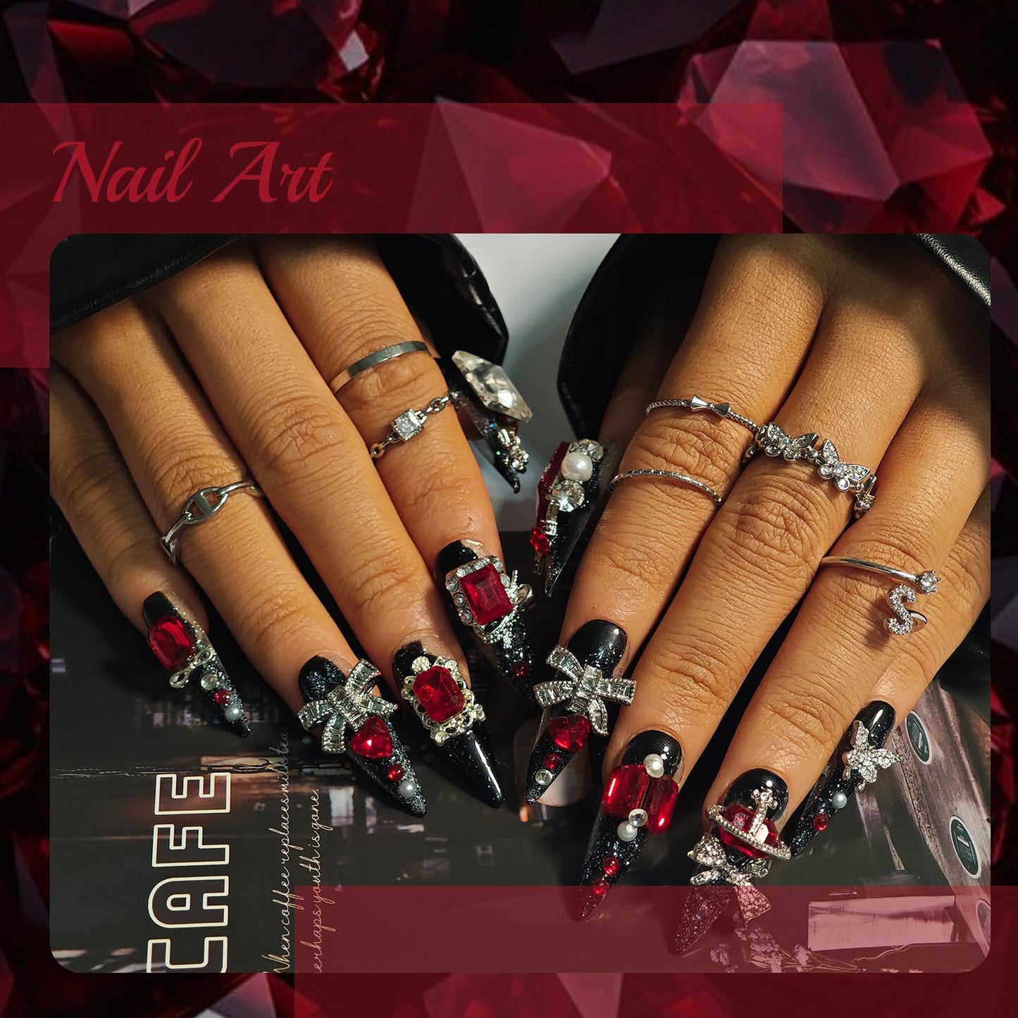 Handmade Press On Nails Stiletto, Black press on nails Long, Goth Red Rhinestone Glitter Nails For Women Gift, Reusable Stick On Fake Nails Kit With Nail Glue (Goth Charm, S)