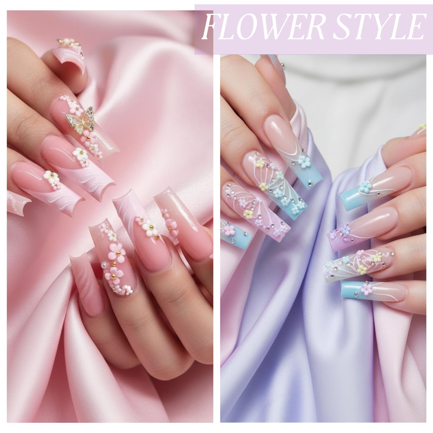3D Flower Nail Charms, 2 Boxes 3D Acrylic Flower Nail Art Rhinestones White Pink Mixed Cherry Blossom Spring Acrylic Nail Supplies with Pearls Manicure DIY Nail Decorations