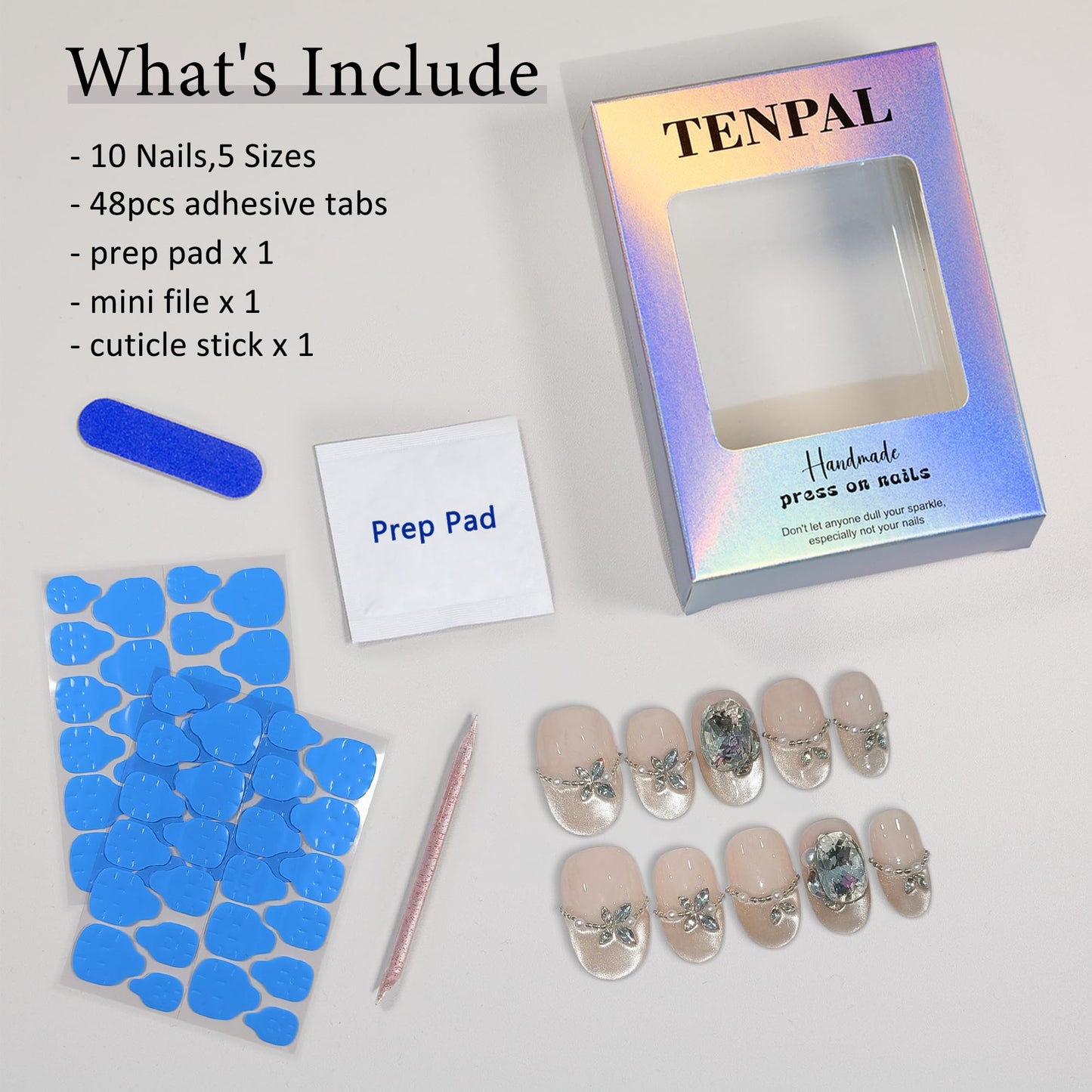 TENPAL Oval Nude Press On Nails 10Pcs with Tools Kit,Handmade Pearl Chain Floral Cluster Glue on Nails, Oval Short Glitter Cat Eye French False Nails,Reusable Glossy Fake Nails for Wedding Daily(XS)