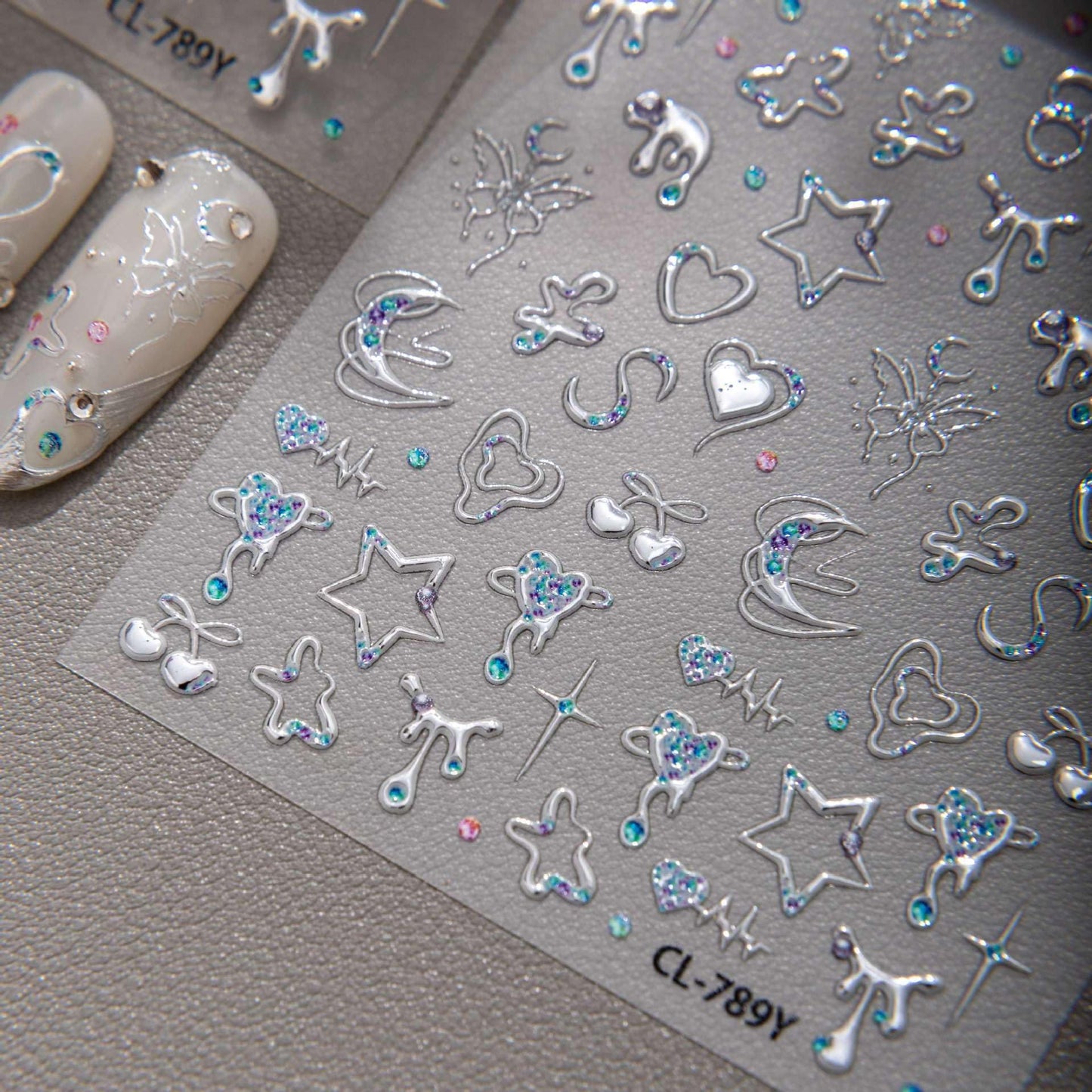5D Embossed Silver Y2K Nail Art Stickers, Heart Star Moon Nail Decals with Rhinestone Accents, Self-Adhesive Celestial Nail Decorations for Acrylic Gel Nails, DIY Manicure Supplies for Women (1 Sheet)