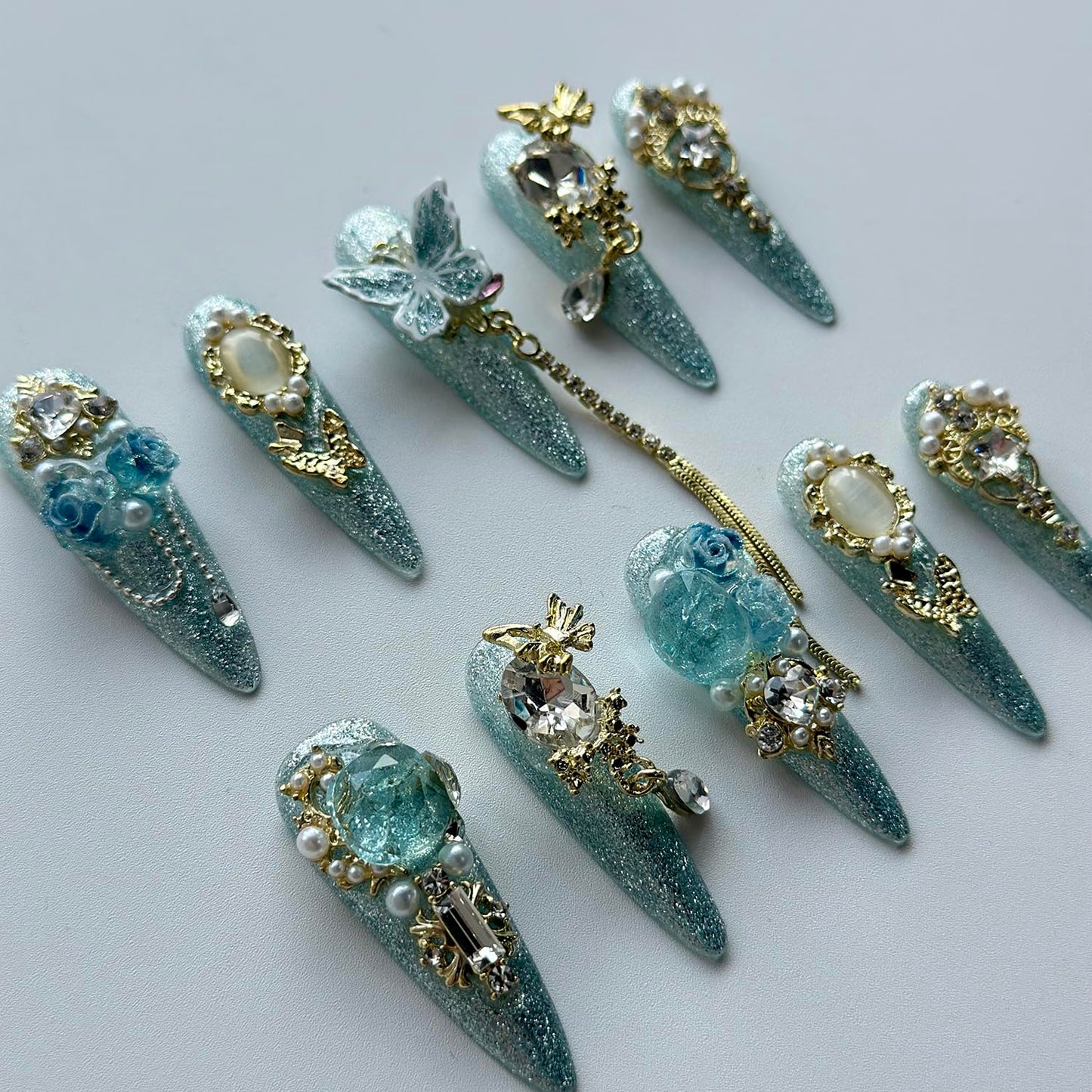 Luxury Press on Nails Long Almond Handmade 3D Unique Reusable ABS Material Fake Nails Light Blue Gothic False Nails with Designs Rhinestones Charms Glitter Glossy Glue on Thick Acrylic Nails(M)