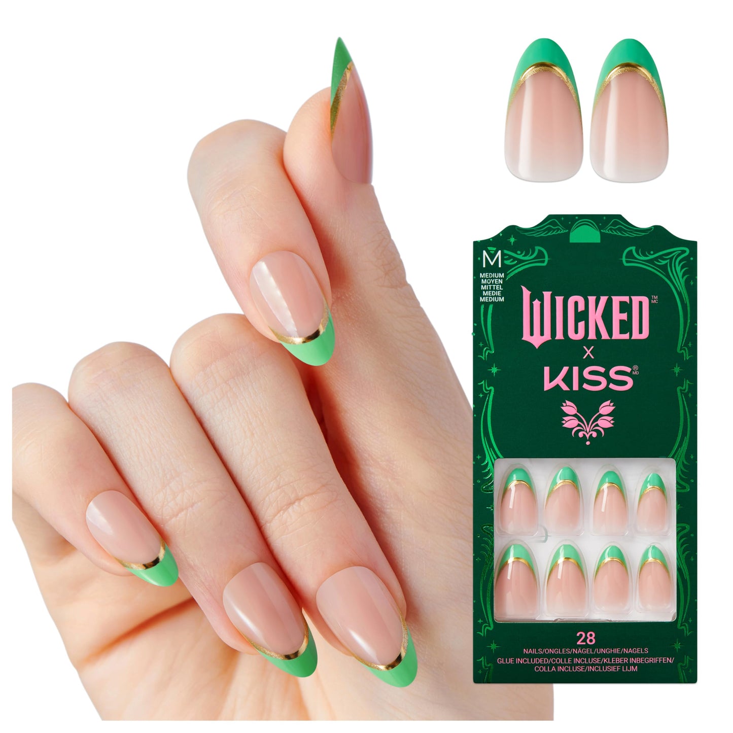 WICKED X KISS Press On Nails Almond, ‘Thrillifying!’, Green, Medium, Waterproof, Chip Proof, Smudge Proof, 28 Fake Nails, Pink Gel Nail Glue (2g), Mini Nail File, & Manicure Stick
