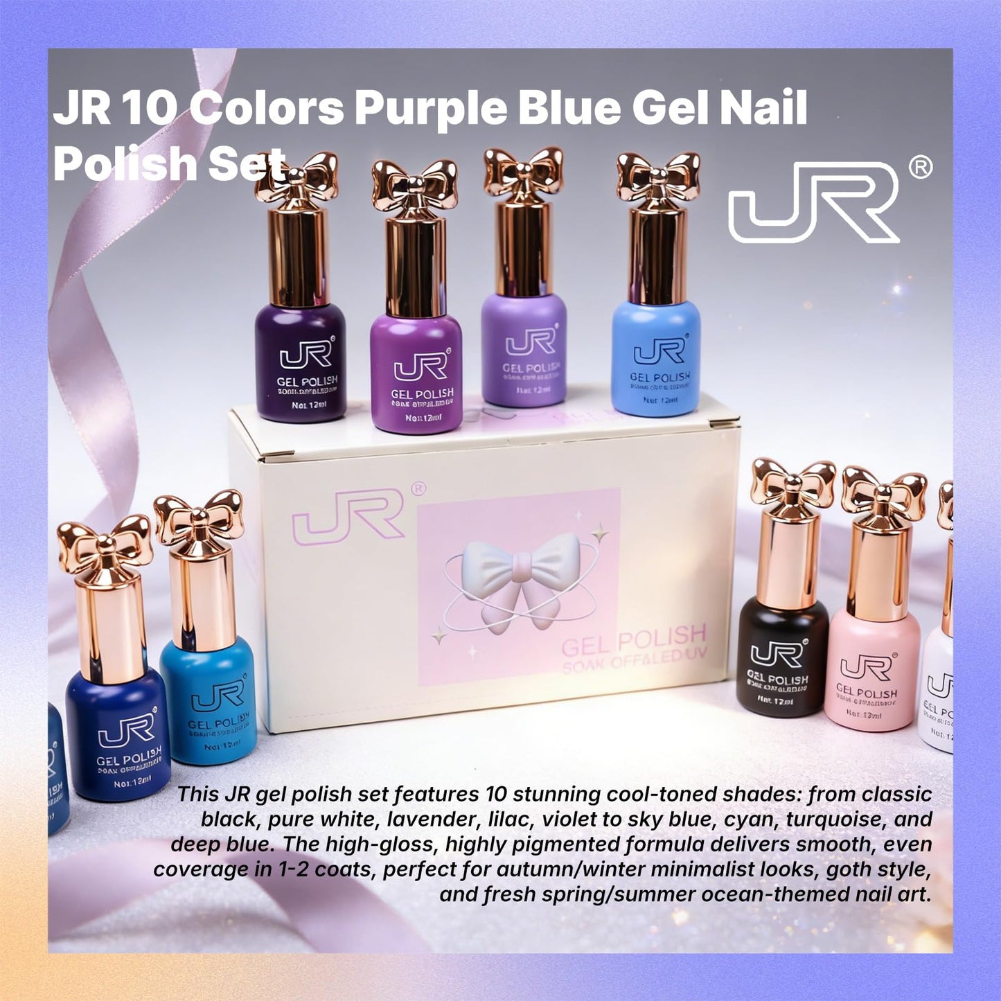 JR 10pcs 12ml Gel Nail Polish Set Blue Purple Gel Polish Set Semi Cured Long Lasting Vegan Chip-Resistant Soak off Nail Polish Gel Purple Gel Polish Gifts for Women F