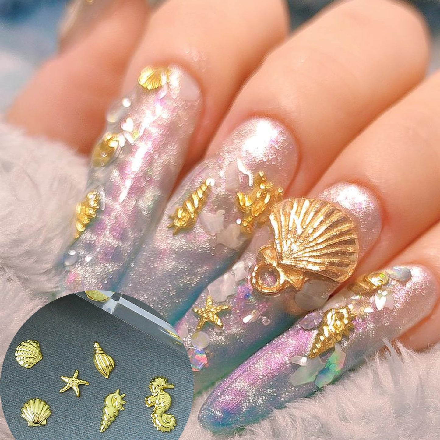 6 Grids Summer Ocean Nail Charms and Gems Marine Life Designs Nail Art Charms 3D Gold Starfish Seashell Nail Rhinestones Cute Conchs Seahorse Nail Jewelry Summer Beach Nails Decoration for Women
