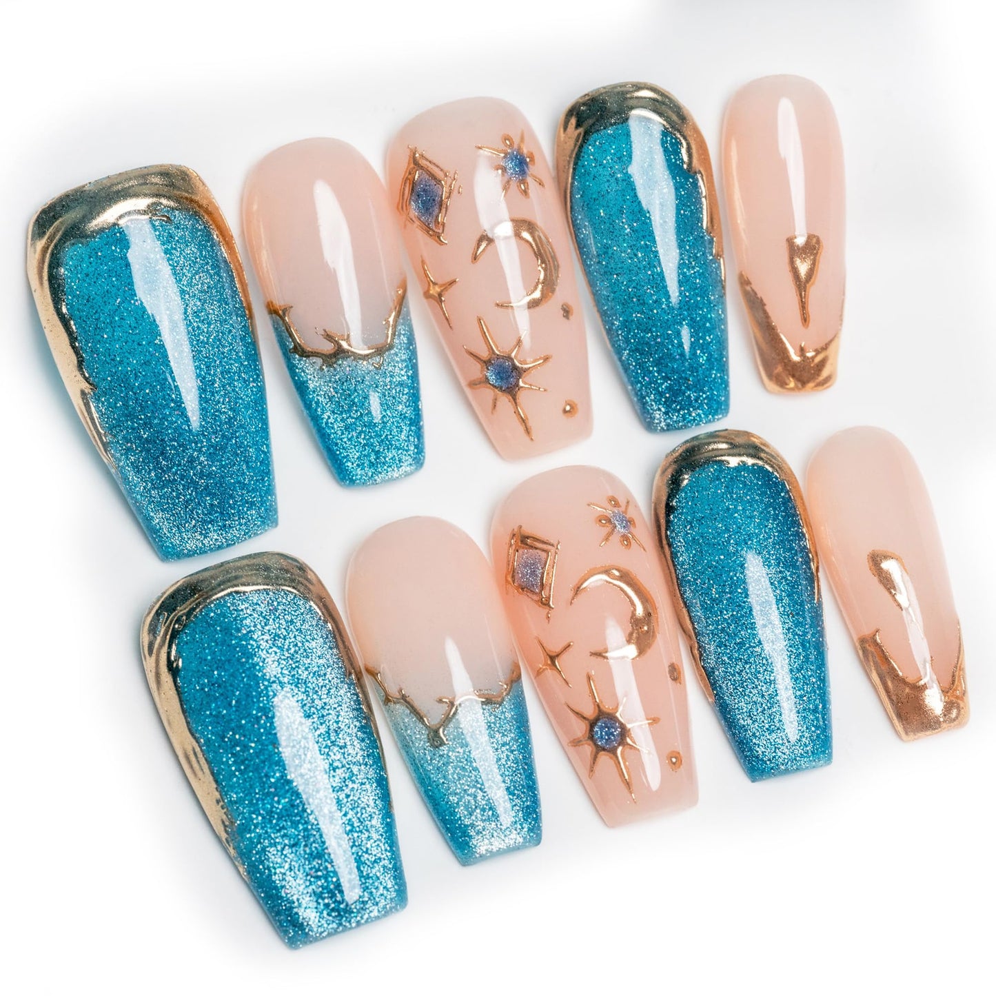 Sun&Beam Nails Handmade Press-On Medium Long Coffin Ballerina with Pink Blue Gold Color 3D Design Charm Cat Eye Cute False Nail Tips 10 Pcs (#082 M)