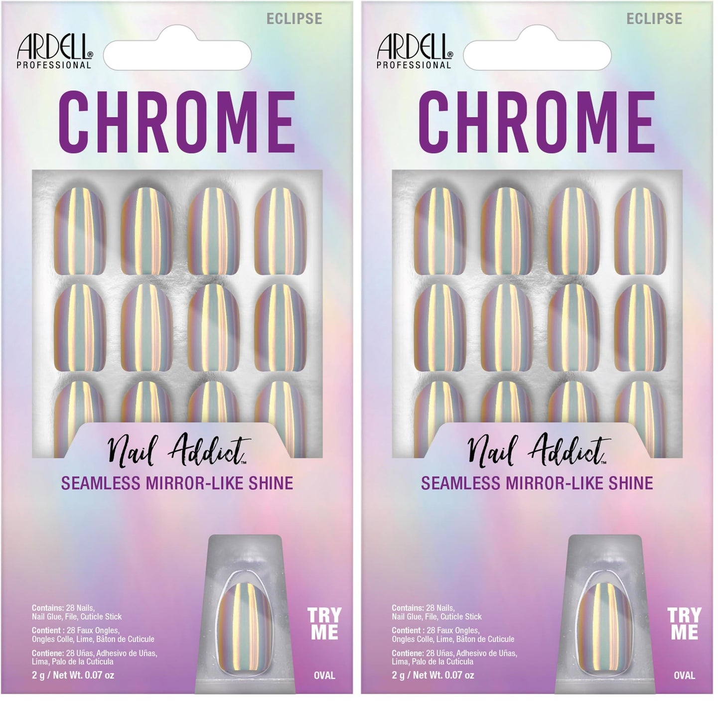 Ardell Nail Addict Chrome Eclipse, Press On Nails, Short Round Shape, Nail Kit, 2-Pack