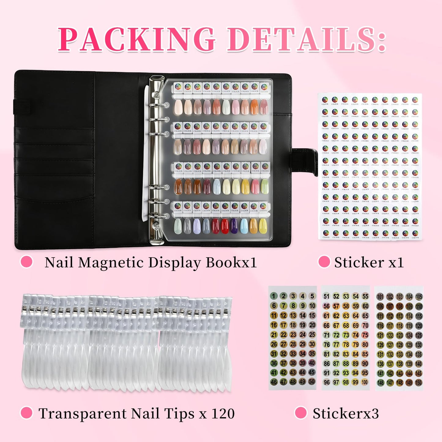 ANGNYA Magnetic Nail Swatch Book,120 PU leather Nail Polish Colors Display Book with 120 Magnetic Tips & 1-150 Number Labels,Perfect for Nail Polish Nails Art Design Nail Art Salon
