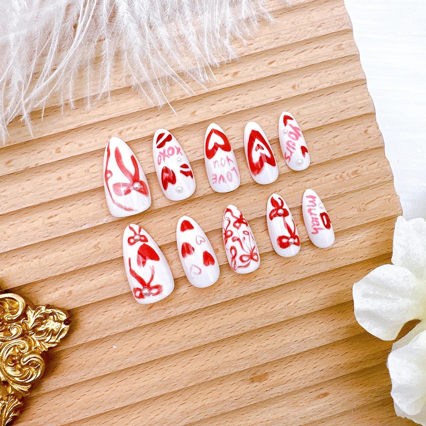 24Pcs Valentines Press on Nails Medium Almond Fake Nails with Pearl Love Heart False Nails Romantic Bow Acrylic Nail Kit Valentine Red Lips Full Cover Stick on Nails for Women Nail Design Supplies