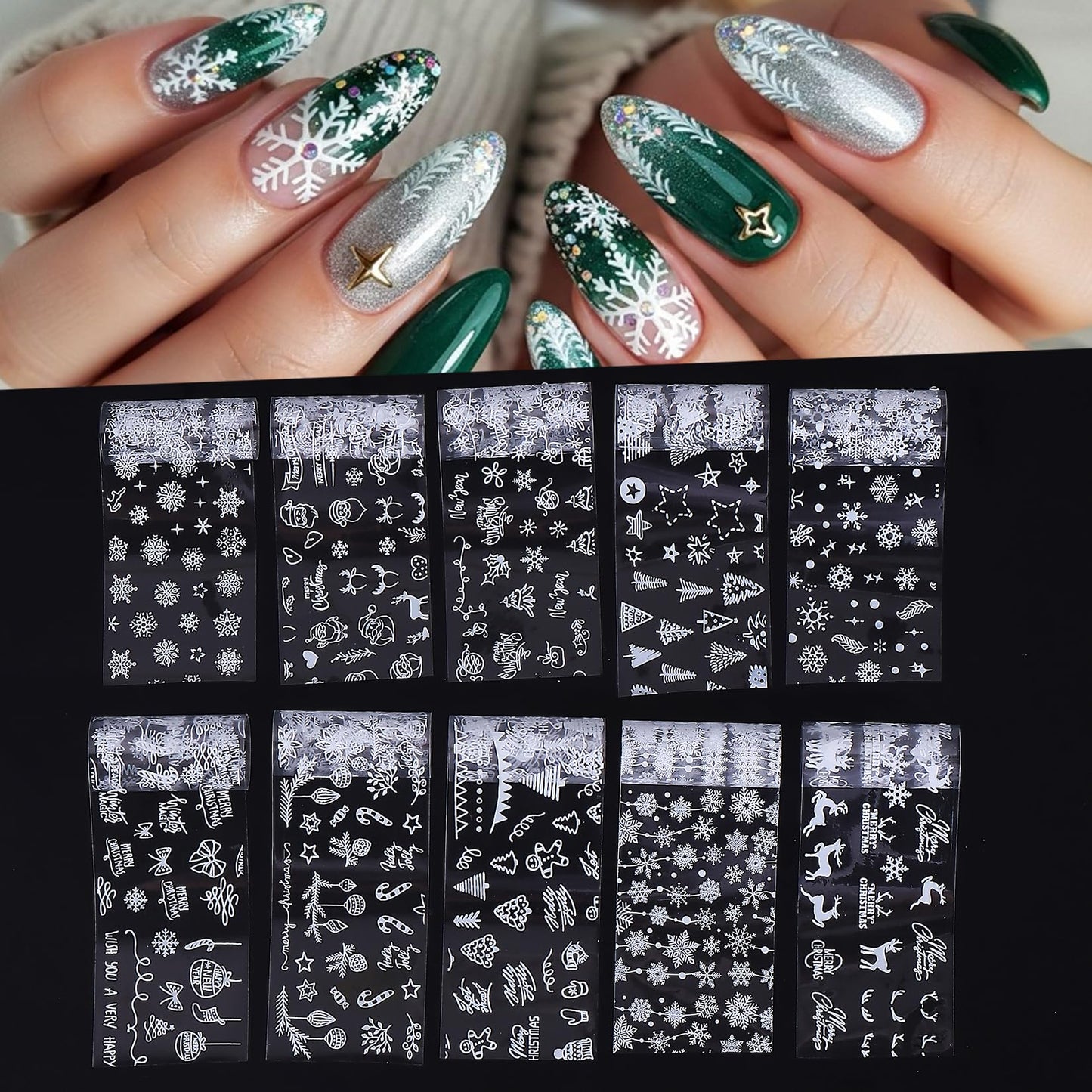 Christmas Holographic Nail Foil Stickers 50 Sheets Winter New Year Nail Art Foils with Xmas Tree Snowflakes Snowman Star Fireworks Transfer Foil for Nails Decoration Manicure Accessory for Women