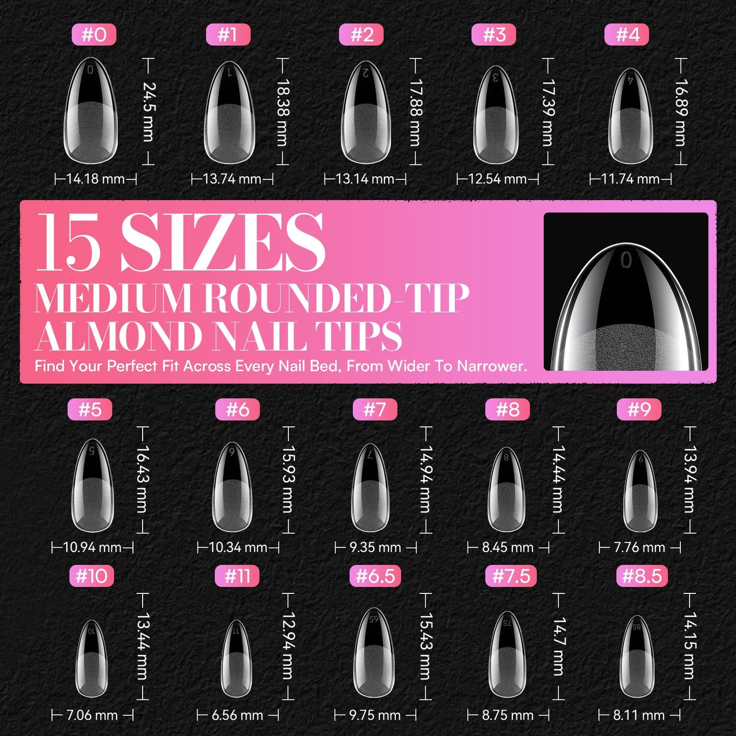 Makartt 420Pcs Medium Almond & Coffin Nail Tips, 2 Shapes in 1 Box Clear Full Cover Fake Nails with 15 Sizes Each, Pre-Etched Inside Medium Nail Tips for DIY Press On Nails, Nail Extensions at Home