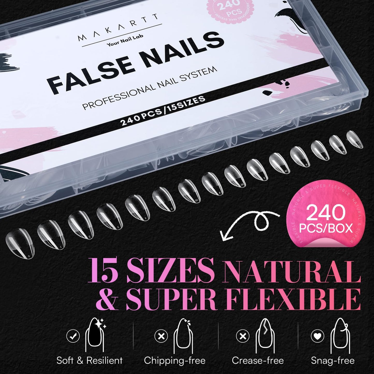 Makartt Short Almond Nail Tips: 240PCS, 15 Sizes, Pre Etched Fake Nails, Clear Gelly Half Matte Full Cover Soft Acrylic Press On Nail Extensions Salon and Home DIY for Flat & Natural Nail Beds