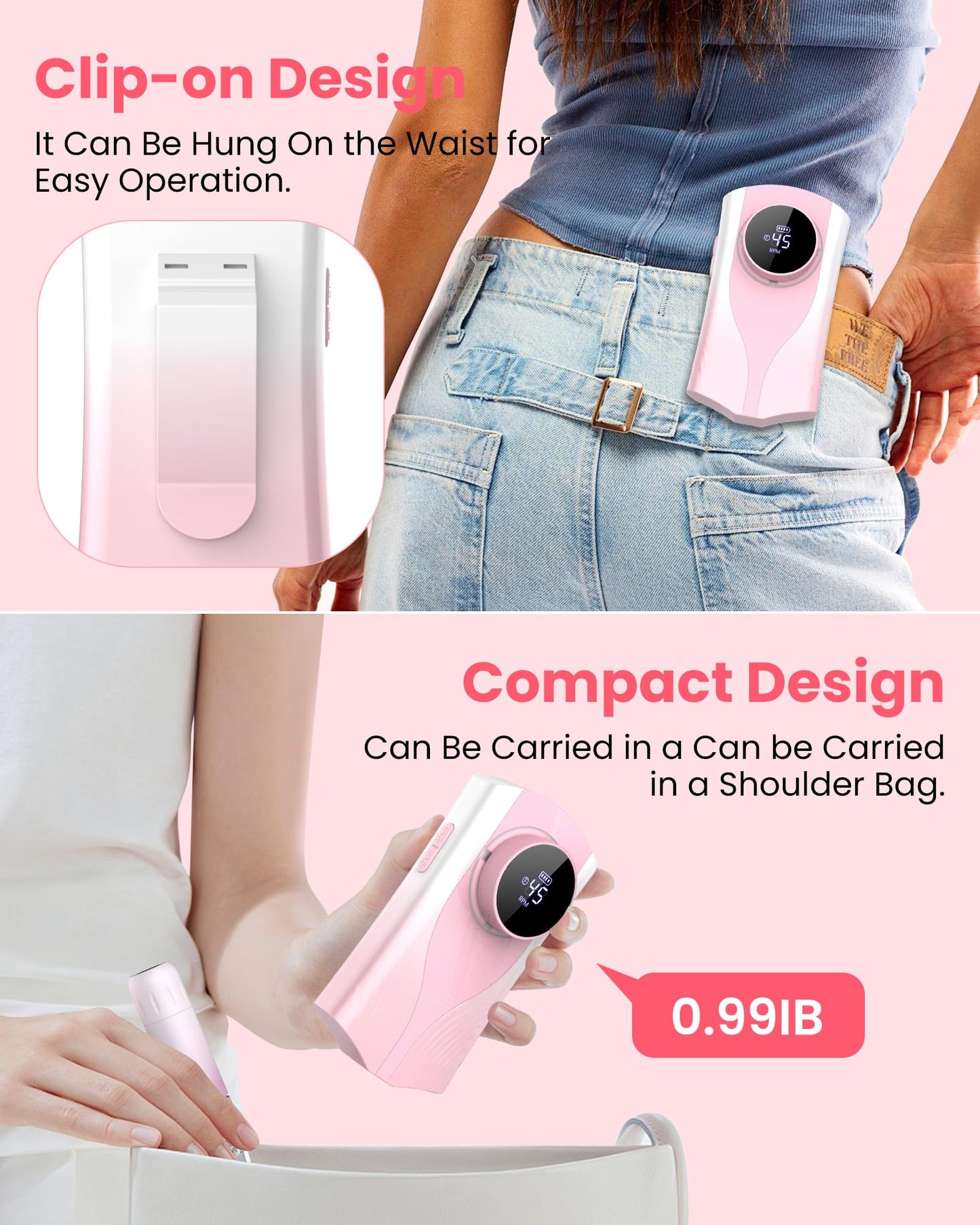 Nail Drill Professional 45000 RPM, Electric Nail File with LED Display & 45 Speeds, Rechargeable Nail Drill Kit for Acrylic Gel Nails, Manicure Pedicure at Home Salon (1800mAh-Pink)