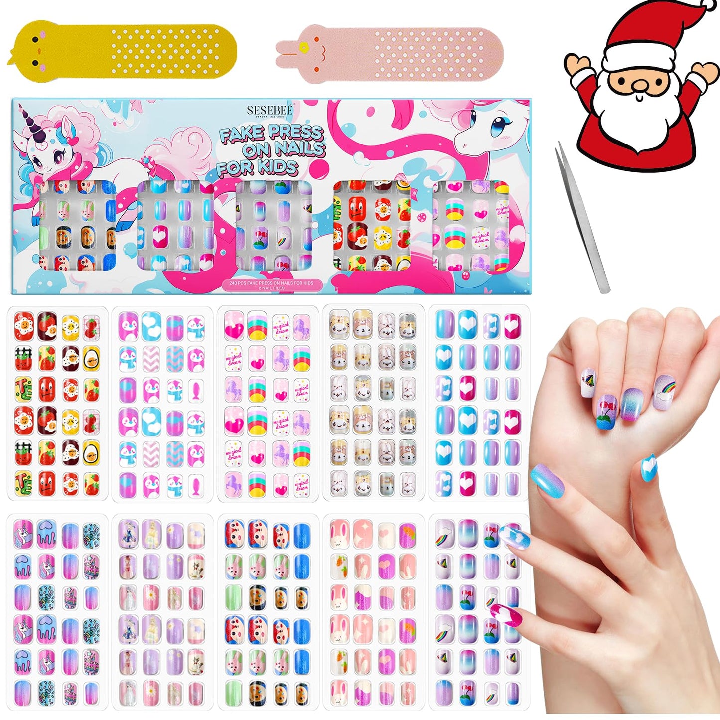 240Pcs Kids False Nail with Nail Glue Children Girls Press on short Nails No fading Stable Quick Stick on Cute Pre Glue Full Cover Acrylic Nail Tip Kit Gift for Kids Nail Decoration(Rainbow Unicorn）