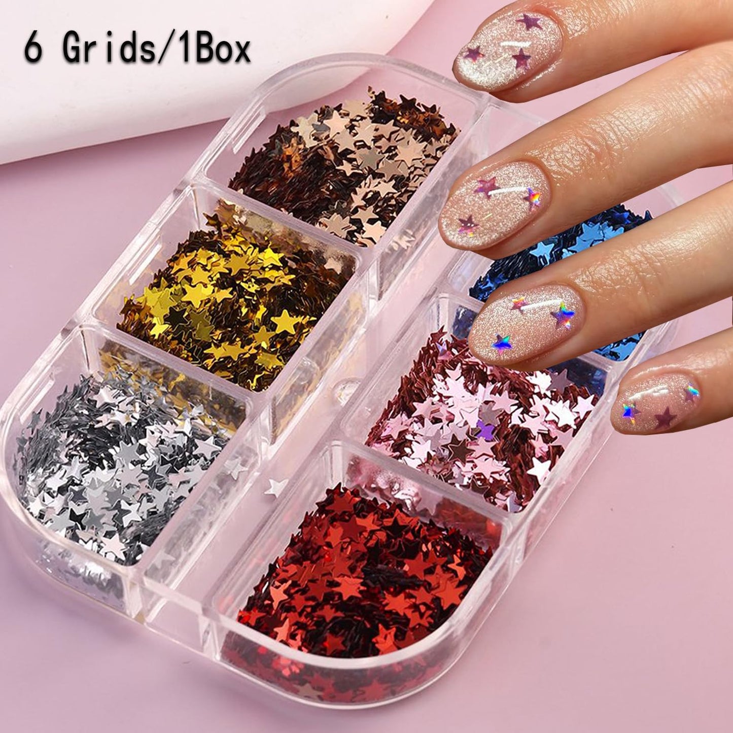 Stars Nail Art Glitter Sequins - 6Grid 3D Sparkly Five-Pointed Star Nail Flakes Designs, Holographic Star Nail Glitters for Nails Supplies Star Nail Flake for Independence Day DIY Crafts Holiday Party
