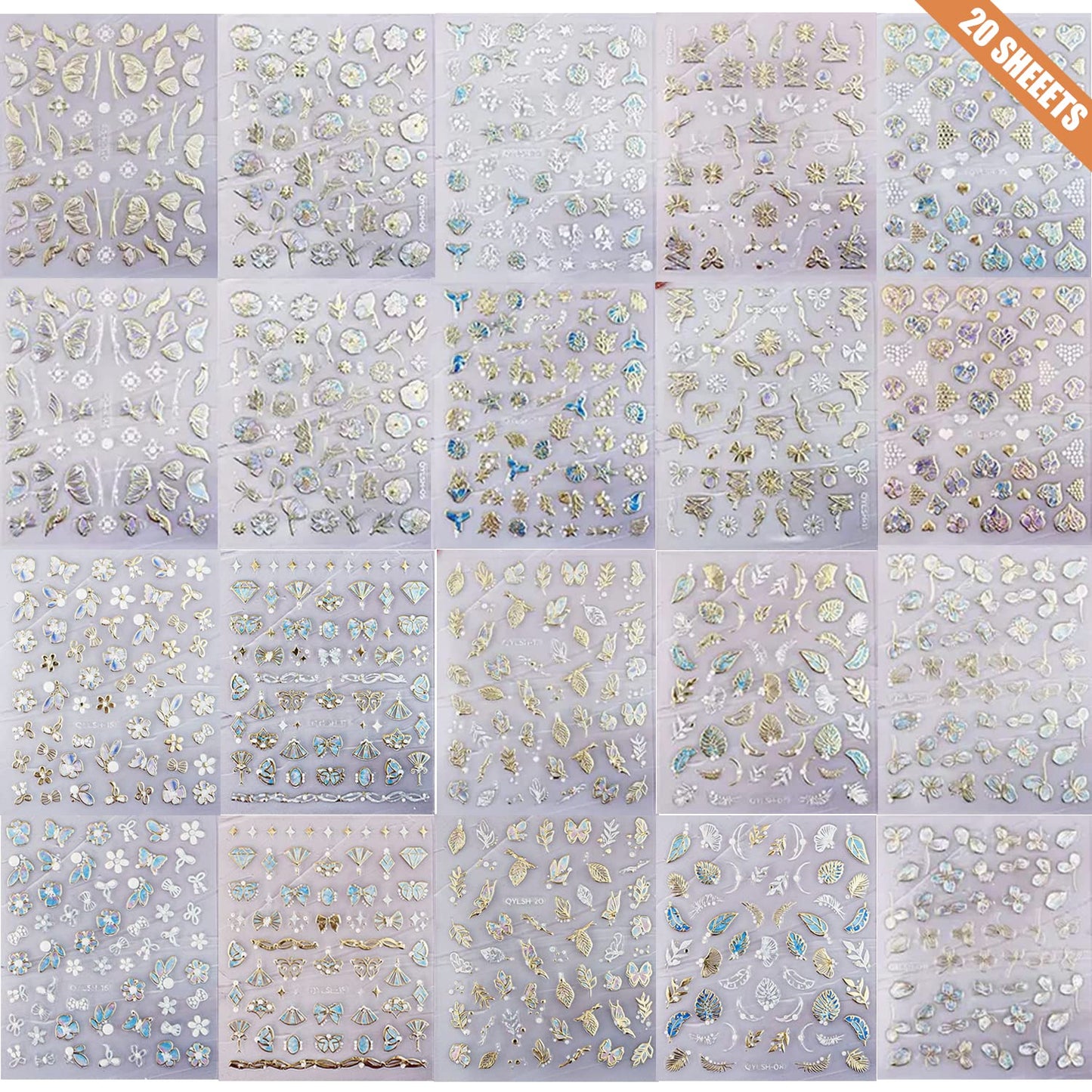 Zoance 20 Sheet 5D Embossed Nail Art Stickers,Luxury Gold Silver Nail Decals Self-Adhesive Metallic Leaves Flower Butterfly French Nail Stripe Line Stickers for Women Salon Home DIY Nail Supplies