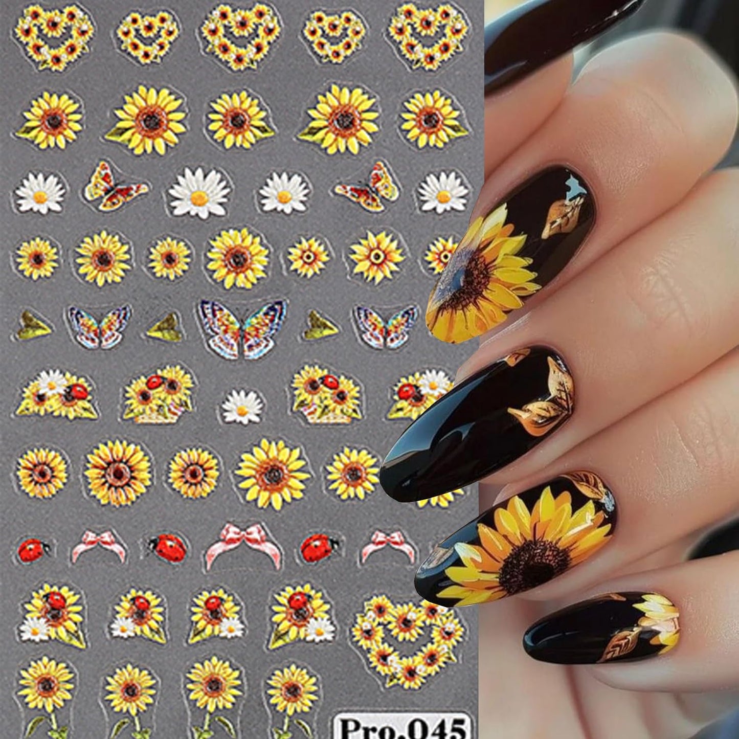 5 Sheets SunflowerNail Stickers for Nail Art, 5D Embossing Daisy Self-Adhesive Flower Nail Decals, Butterfly Nail Supplies Nail Art Design Accessories for Women and Girls Manicure DIY Decoration