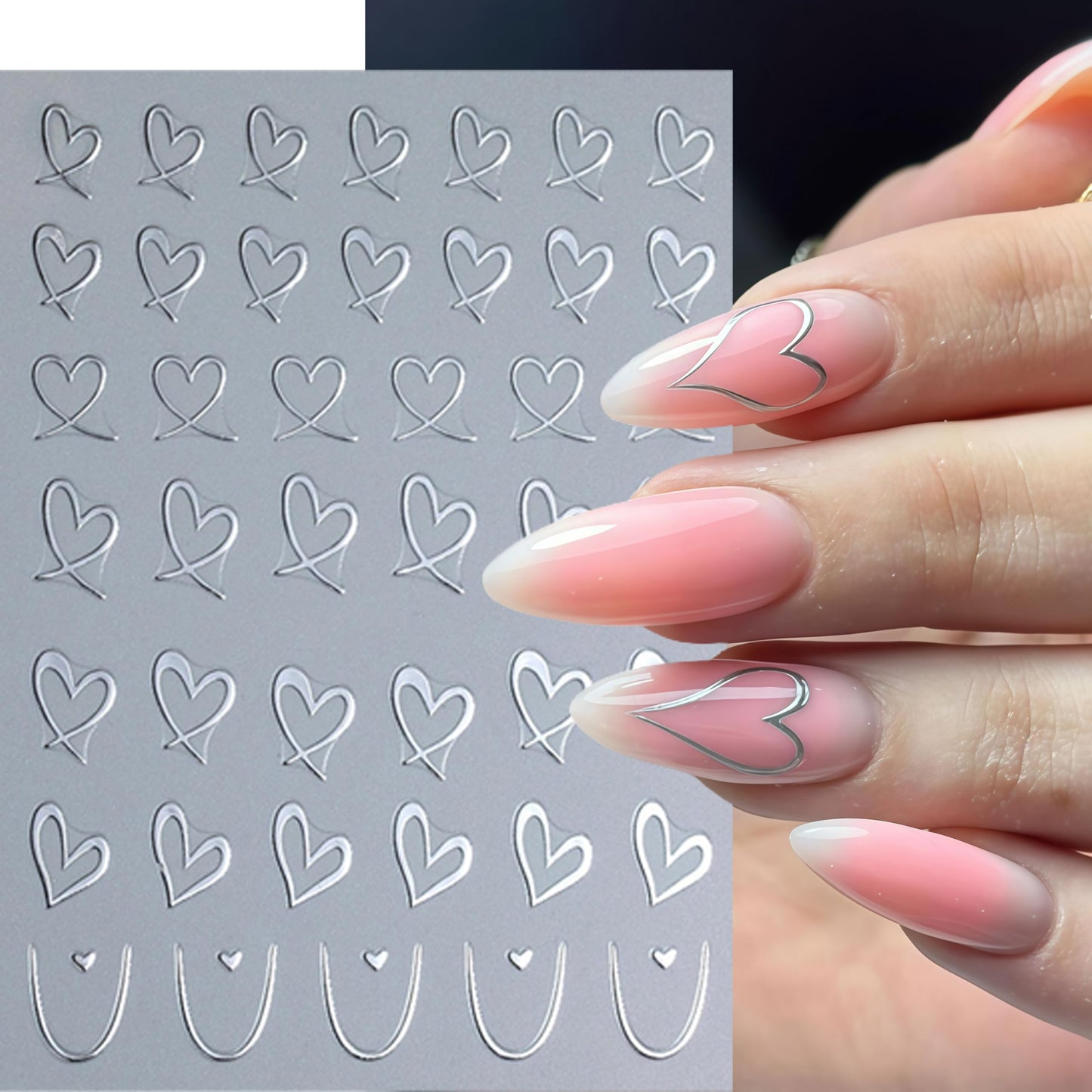 8Sheets Valentines Day Nail Art Sticker Set 3D Self Adhesive Hearts Nail Decals Love Hollow Peach Heart Shaped Nail Design Valentine French Sticker Nail Supplies for Women Valentine Holiday Nail Decor