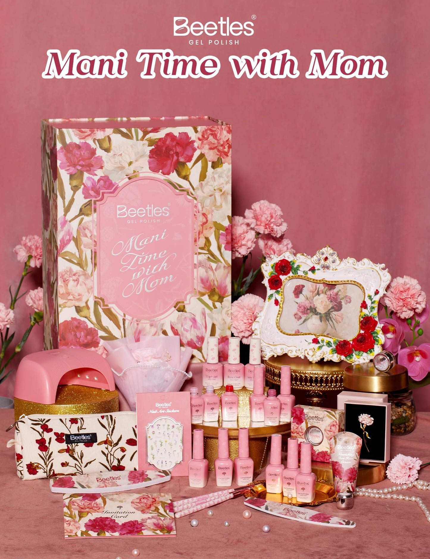 Beetles Mani Time with Mom Mother’s Day Gift Box, 12 Colors Purple Pink Red Cat Eye Gel Nail Polish Kit with U V Light, HEMA Free TPO Free Complete Manicure Kit Shea Butter Hand Cream Gift Box for Mom