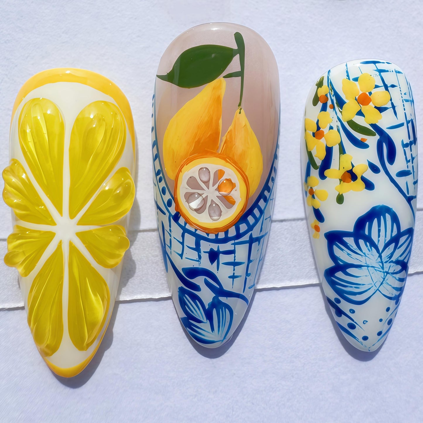 Handcrafted Press On Nails Italian Vacation Style Lemon & Blue Ceramic Pattern 100% Handmade Realistic Artistic Fake Nails With Adhesive Glue Tabs And Tool Gifts For Women (Hand-Painted Lemon,Long L)