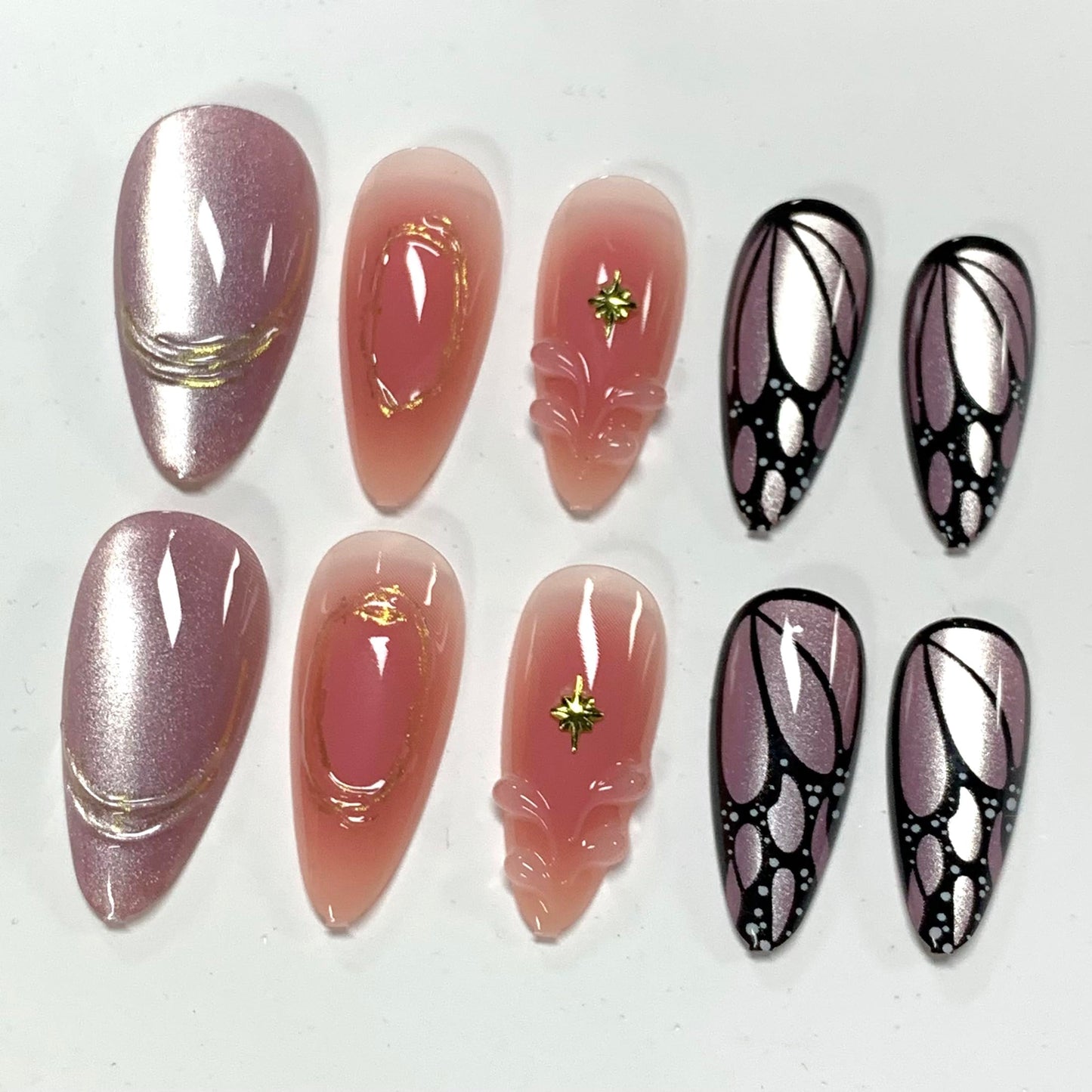BABALAL Press On Nails, Medium Almond Fake Nails, Pink Purple Cat Eye Ombre With Gold Star & Butterfly, Y2k Summer Bling Shiny Full Cover Glue On Nails 24Pcs