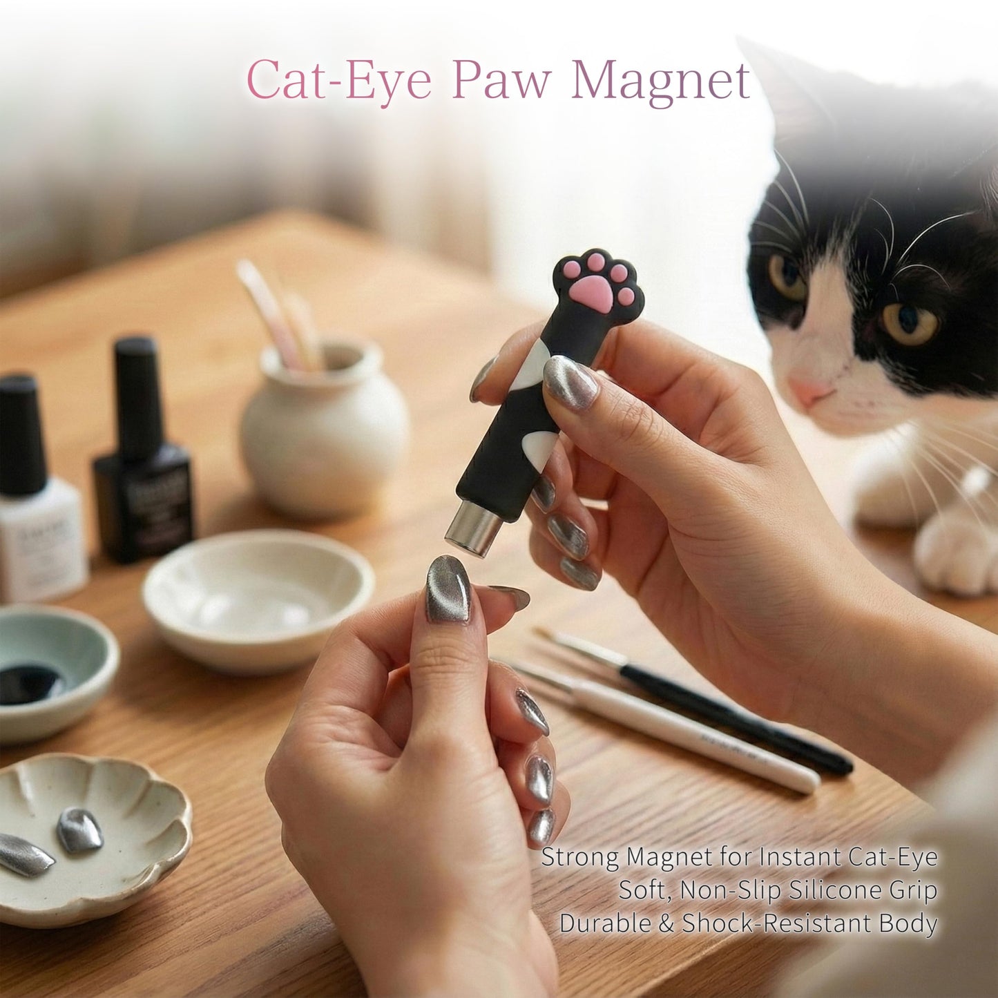 Sun&Beam Nails Cat Paw Magnet Stick for Cat Eye Gel Nail Art Tool with Heart & Bunny Light Effects (Gray)