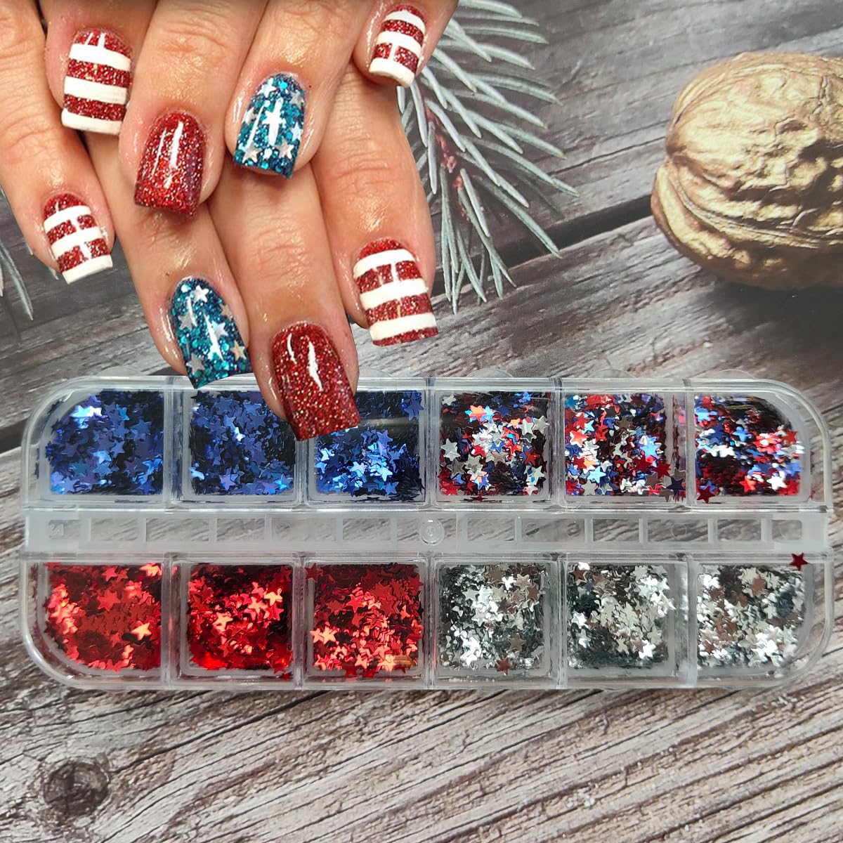 4th of July Nail Art Glitter Sequins 3D Holographic Nail Flakes Red Silver Blue American Flag Nail Art Design Shiny Star Nail Glitter for Acrylic Nails,Independence Day Manicure Decoration Accessories