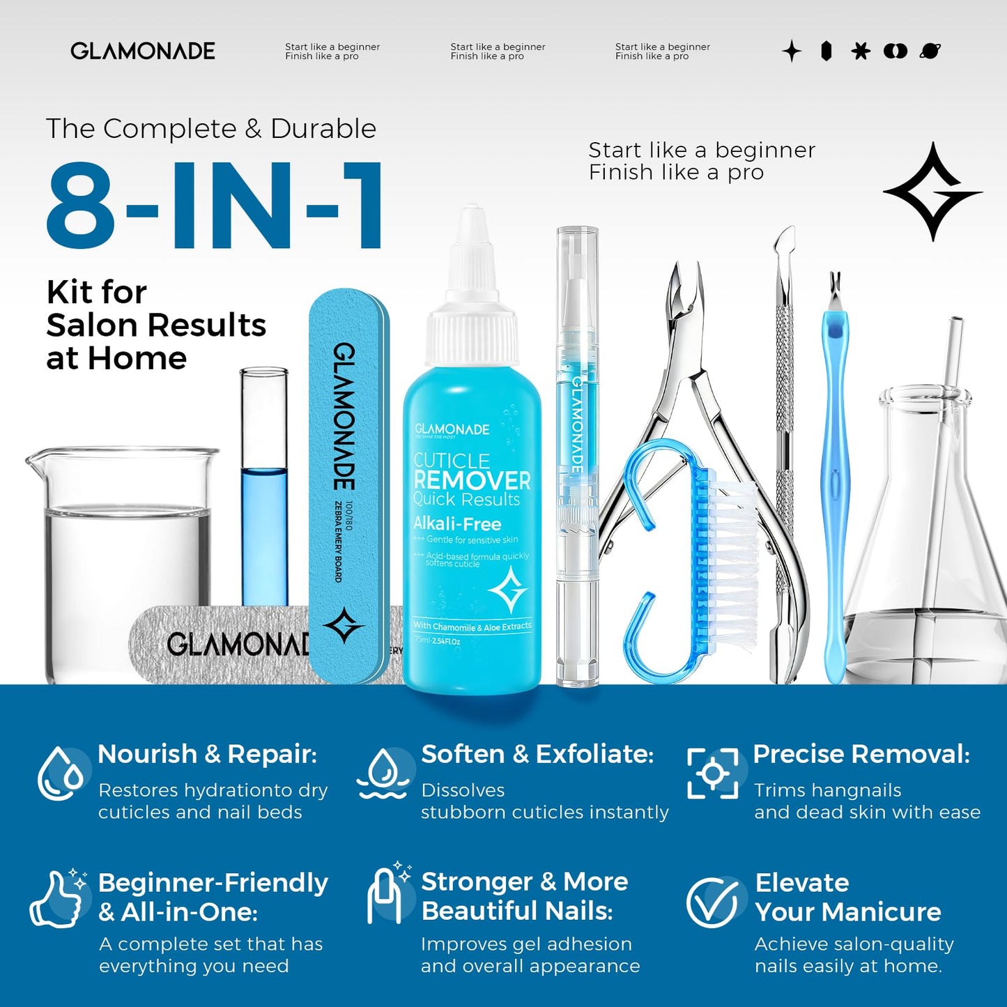 Glamonade Complete Cuticle Remover Kit – Fast & Gentle Professional Cuticle Care Set w/Remover Gel & Oil Pen, Cuticle Nipper, 2 Pushers, Nail Brush, File & Buffer for Manicure Pedicure, DIY