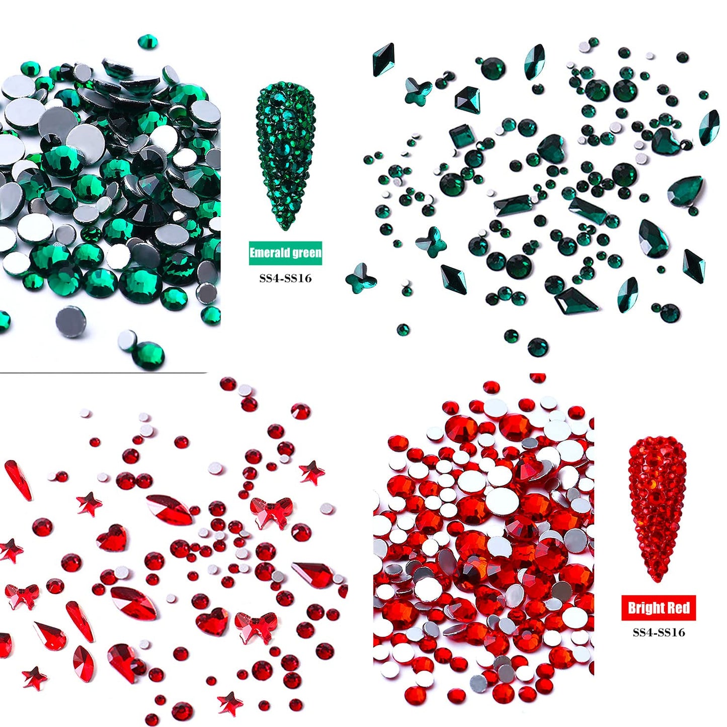 JERCLITY 1620pcs Flat Back Green Nail Rhinestones Red Nail Rhinestones Round Beads Crystals Glass Gems Stones Multi Shapes Sizes with Picking Pen for Crafts Nail Face Art Clothes Shoes Bags DIY