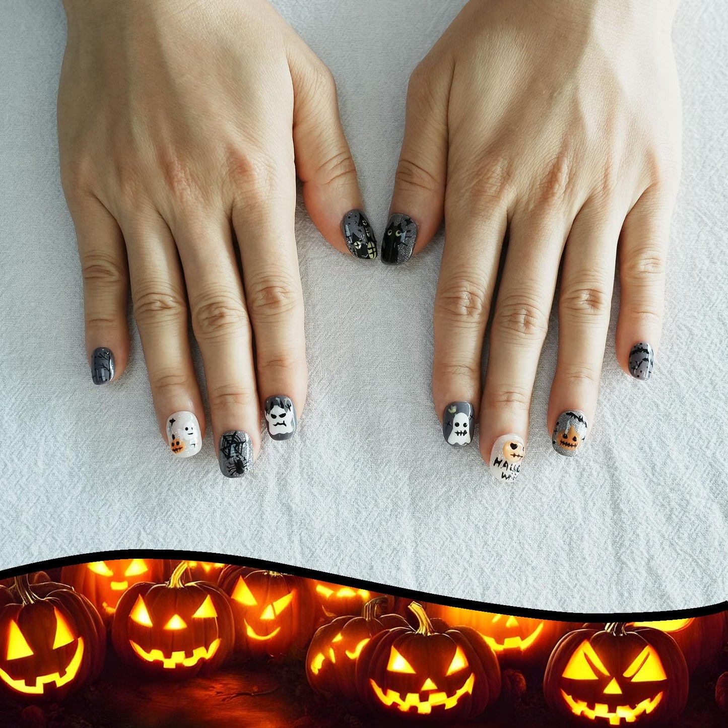 Grey Glitter Press on Nails Short Square - Handmade 3D Cartoon Ghost & Cat Design, Luxury Y2k Fake Nails, Reusable Multi-Layer Gel Nails Art (Autumn Haunted Story,S)