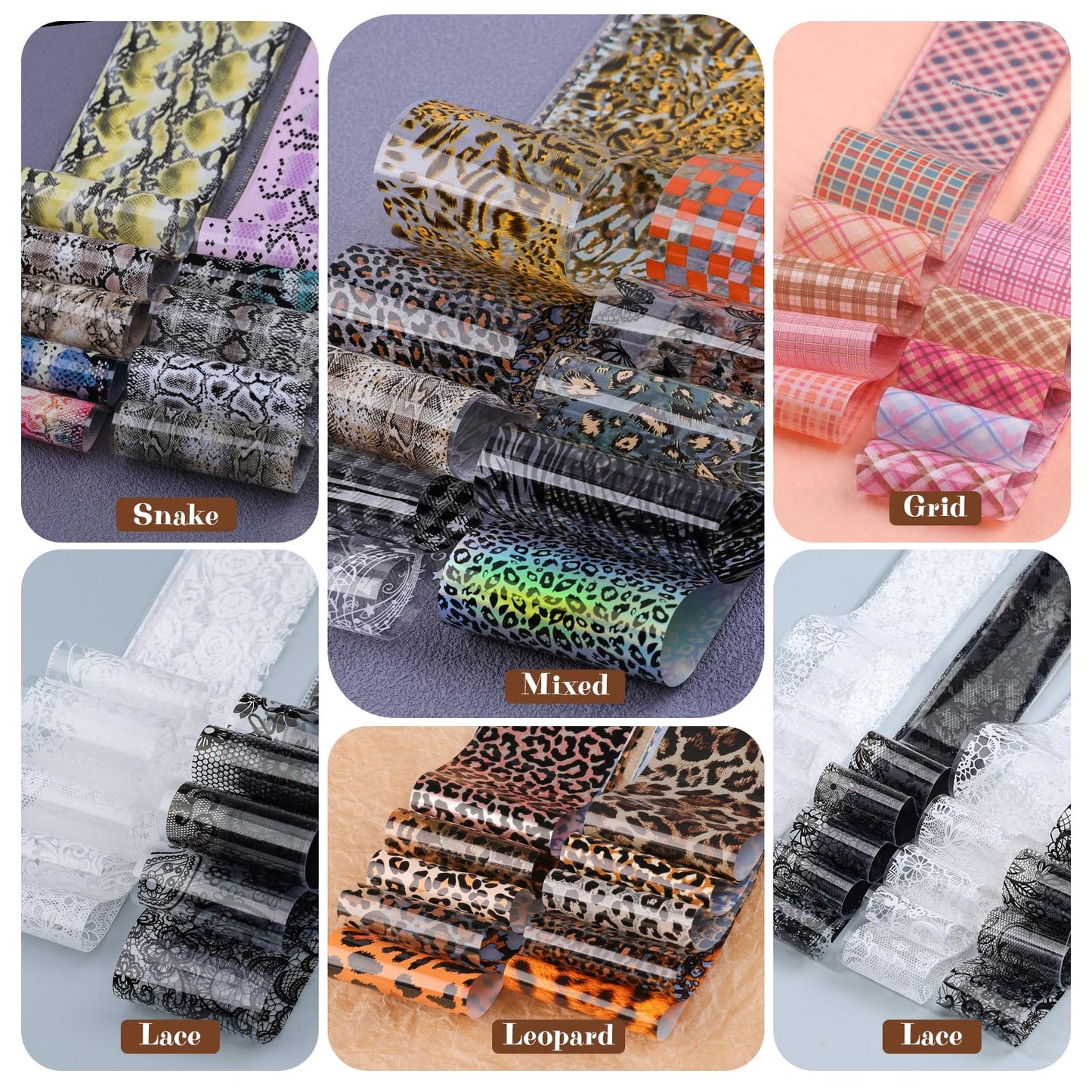 10 Rolls Nail Art Foils Transfer Stickers, Butterfly Plaid Snake Leopard Lace Nail Decals for Acrylic Gel Nails, Holographic Nail Foil Sticker Transfers Supplies for Women Manicure Tips Pegatinas Uñas
