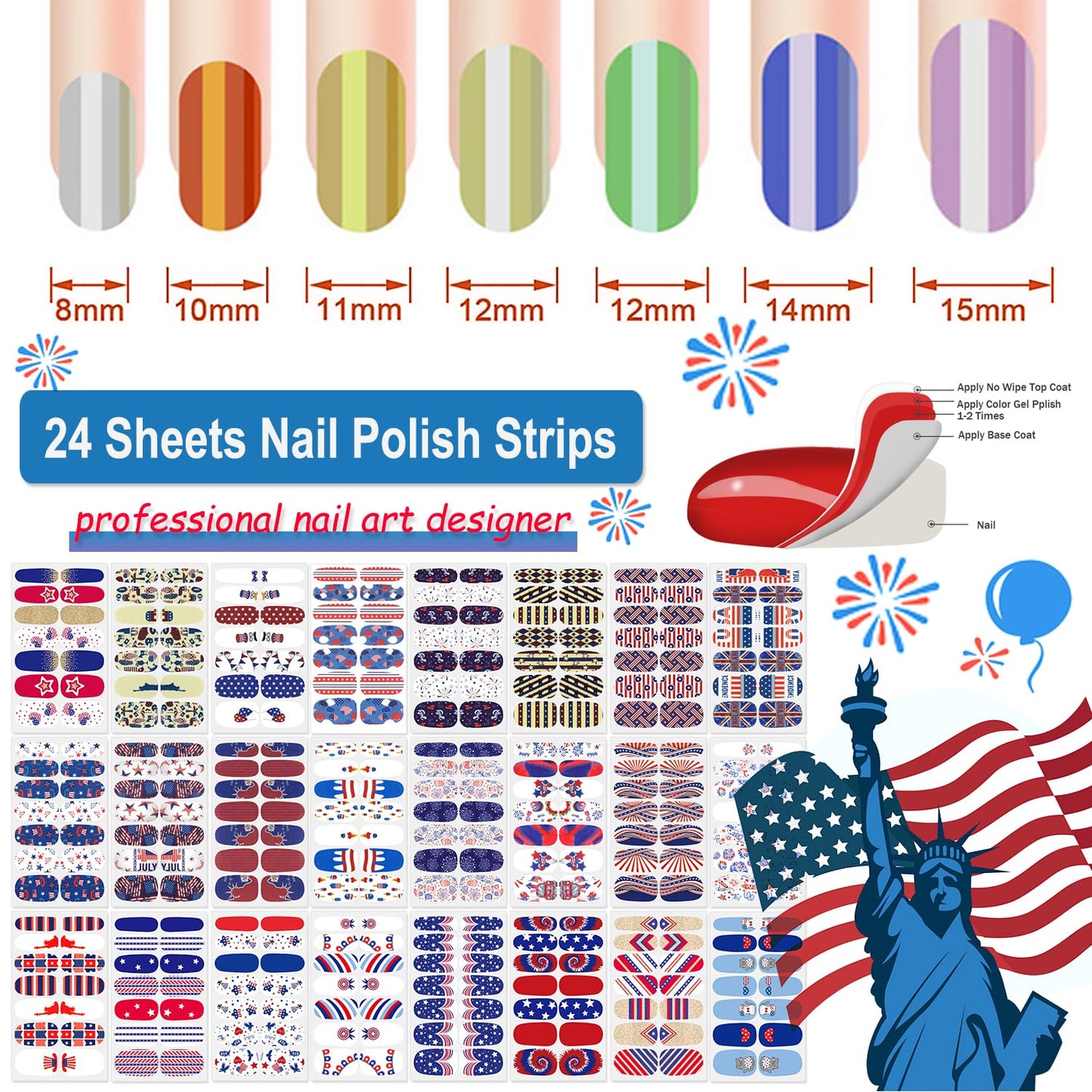 DANNEASY 24 Sheets 4th of July Nail Polish Stickers Full Nail Wraps Independence Day Self Adhesive Nail Polish Strips Fingernail Stick on Nails for Women with Nail File, Cuticle Stick