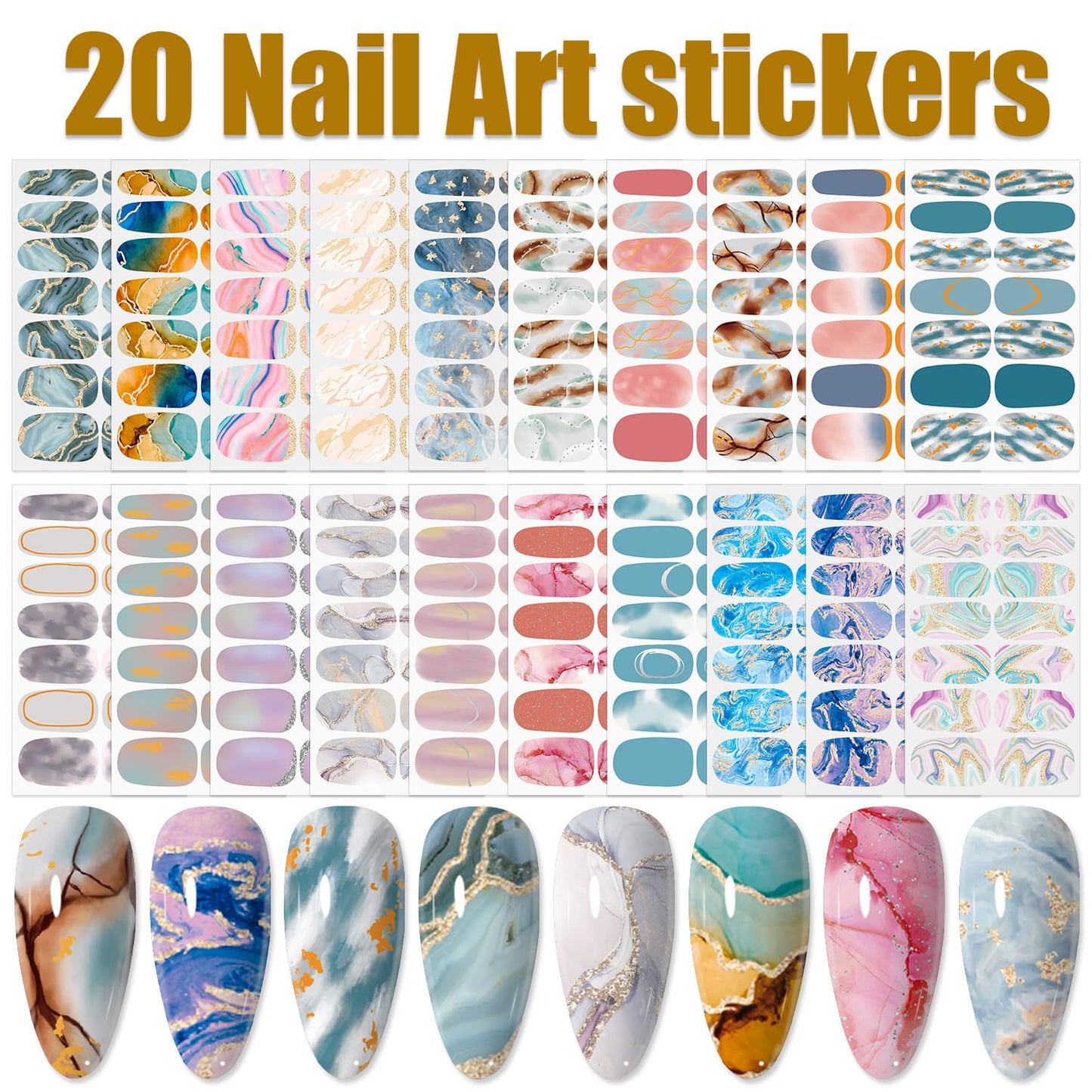 WOKOTO 20 Sheets 280 Pieces Marble Design Gradient Gel Nail Polish Strips, Full Wraps Stick On Press On Nails for Women Gradient Nail Art Gel Stickers Wraps, Easy Application, Salon Quality